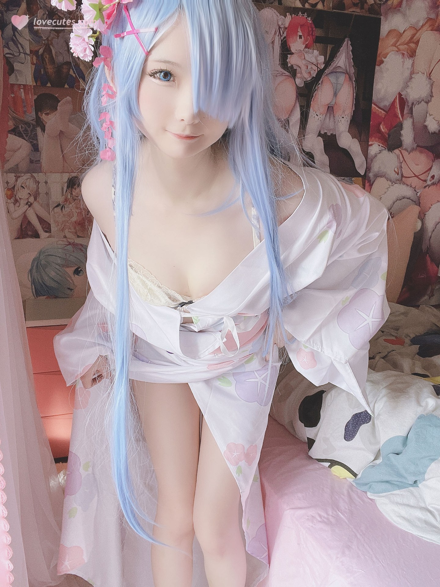 [cosplay] 习呆呆 - Rem kimono: phục dựng họa tiết chấm bi phong cách hòa phục màu hồng trắng 42P1V