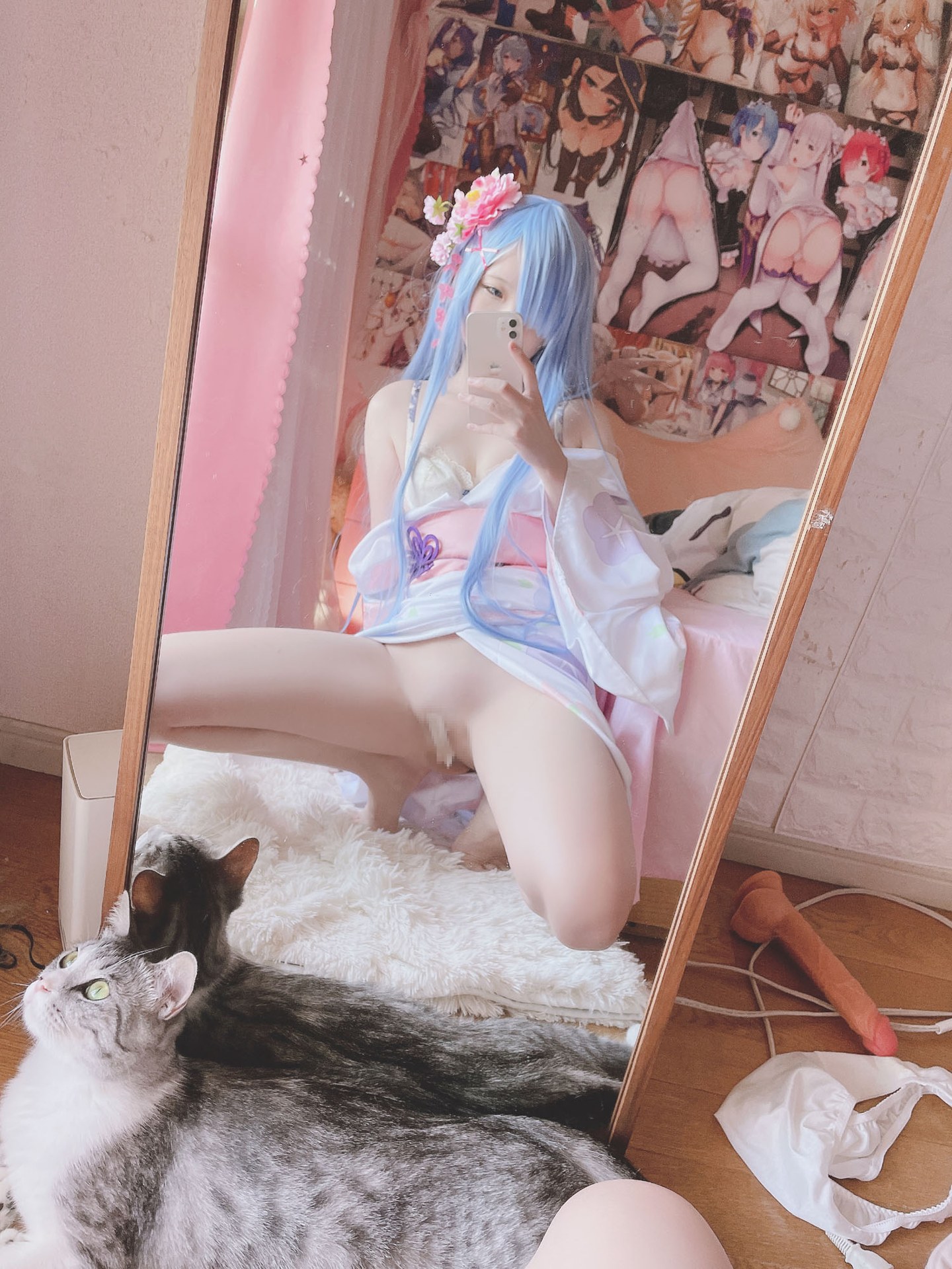 [cosplay] 习呆呆 - Rem kimono: phục dựng họa tiết chấm bi phong cách hòa phục màu hồng trắng 42P1V