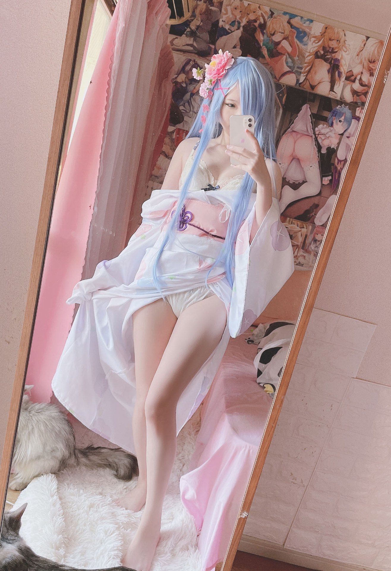 [cosplay] 习呆呆 - Rem kimono: phục dựng họa tiết chấm bi phong cách hòa phục màu hồng trắng 42P1V