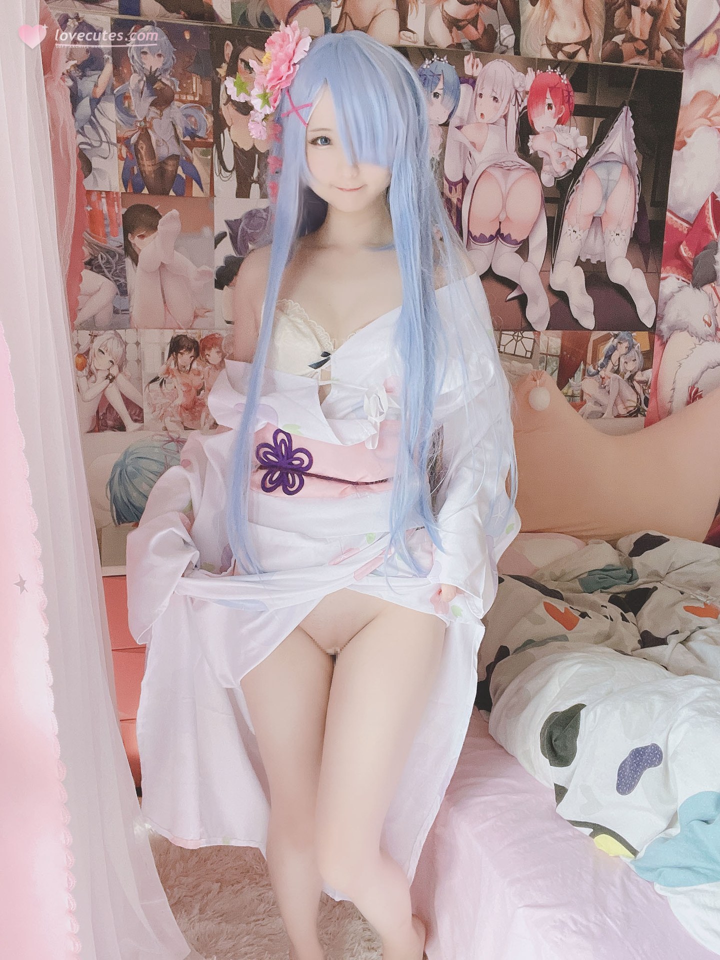 [cosplay] 习呆呆 - Rem kimono: phục dựng họa tiết chấm bi phong cách hòa phục màu hồng trắng 42P1V