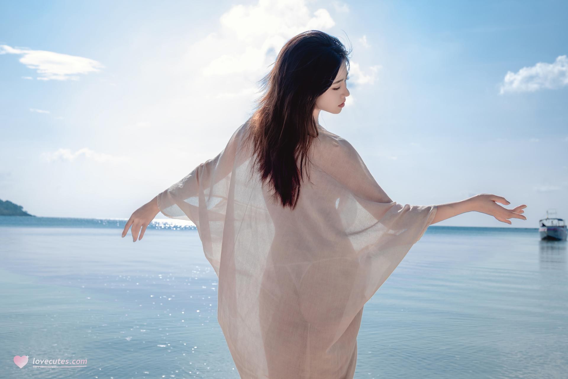 [写真] 年年Nnian - Hải phong: Ảnh mỹ nhân ở biển váy voan trắng mỏng chân dài dưới nắng 80P