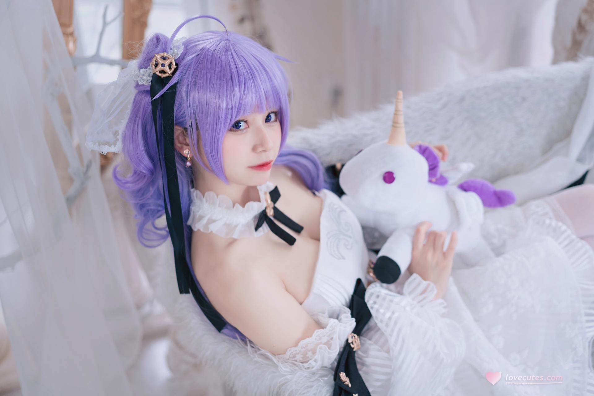 [cosplay] 猫大人 - Azur Lane Unicorn hoa cưới: váy cưới ngọt ngào tóc tím tái hiện 23P