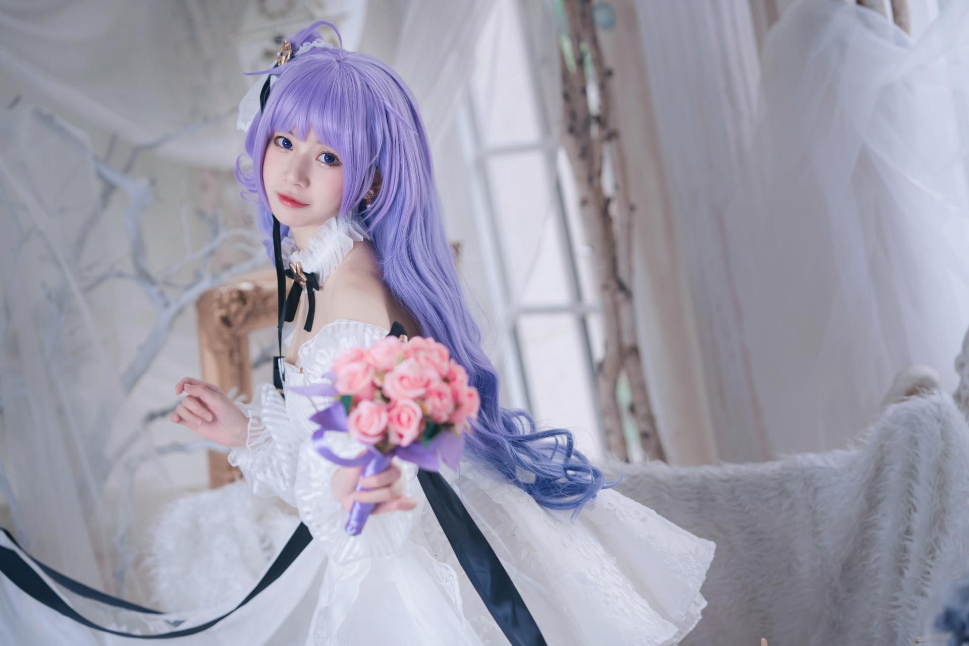 [cosplay] 猫大人 - Azur Lane Unicorn hoa cưới: váy cưới ngọt ngào tóc tím tái hiện 23P
