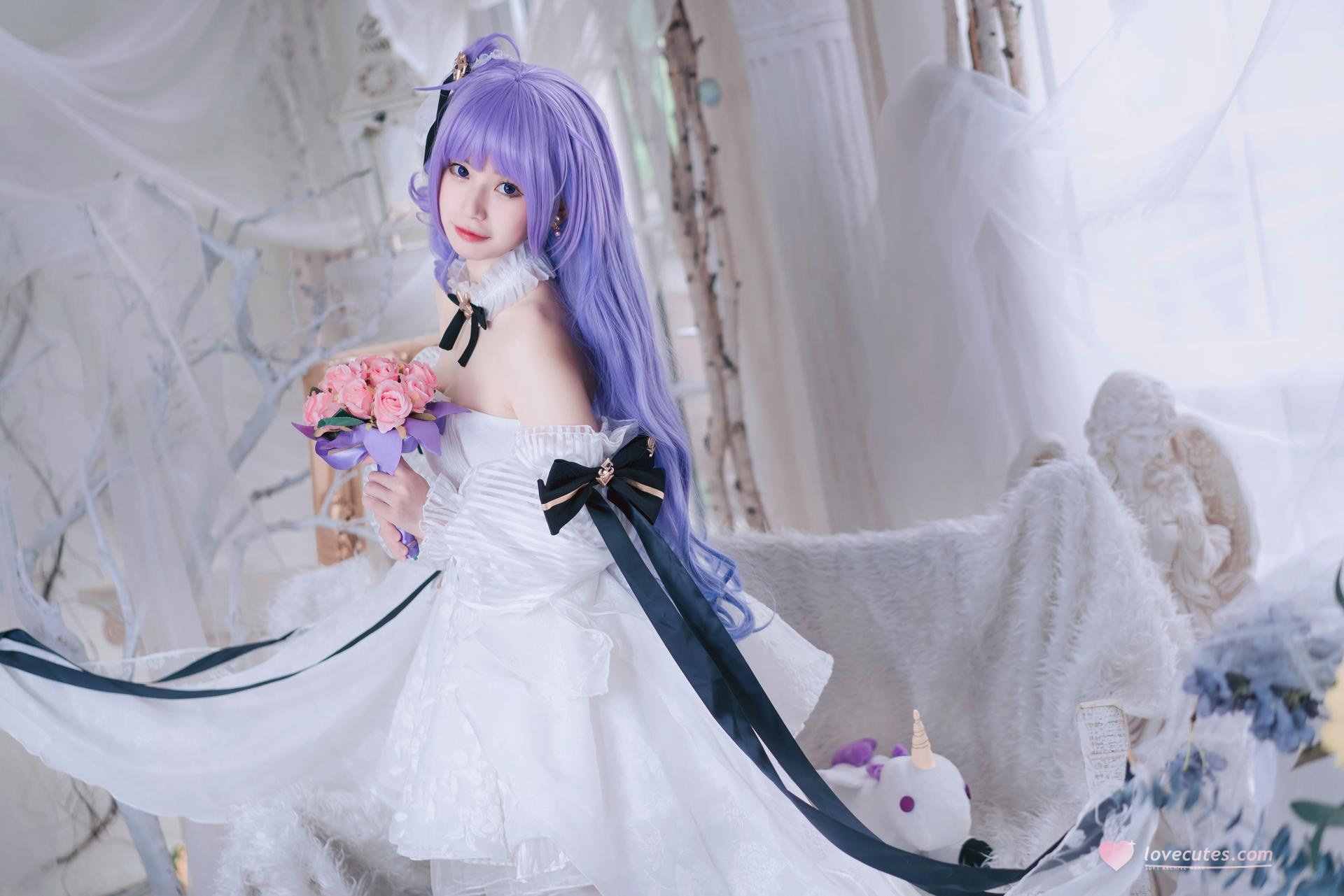 [cosplay] 猫大人 - Azur Lane Unicorn hoa cưới: váy cưới ngọt ngào tóc tím tái hiện 23P