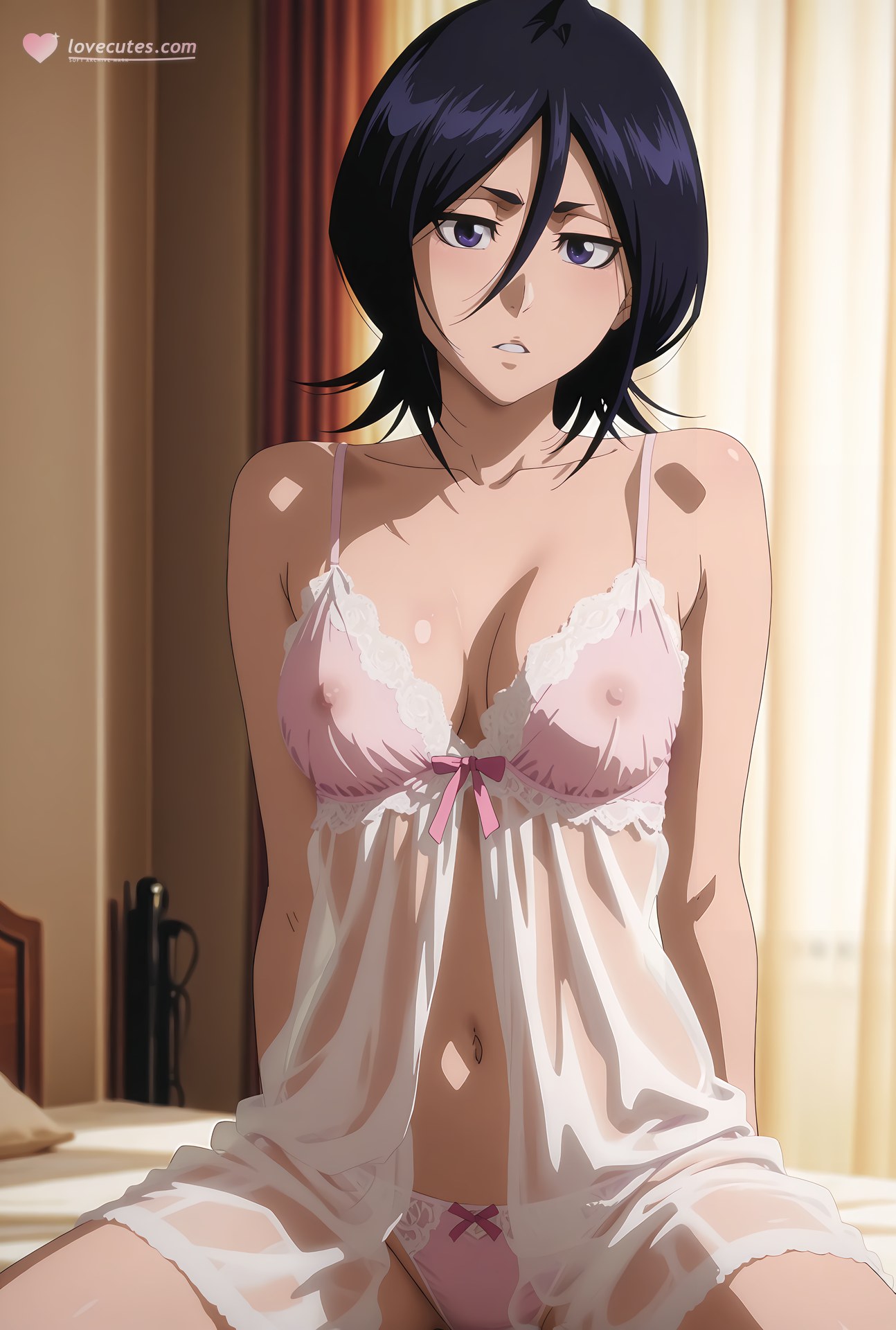 AI Generated Anime Girl - Shinigami Kuchiki Rukia: bikini đen tất mỏng lộ khe 24P