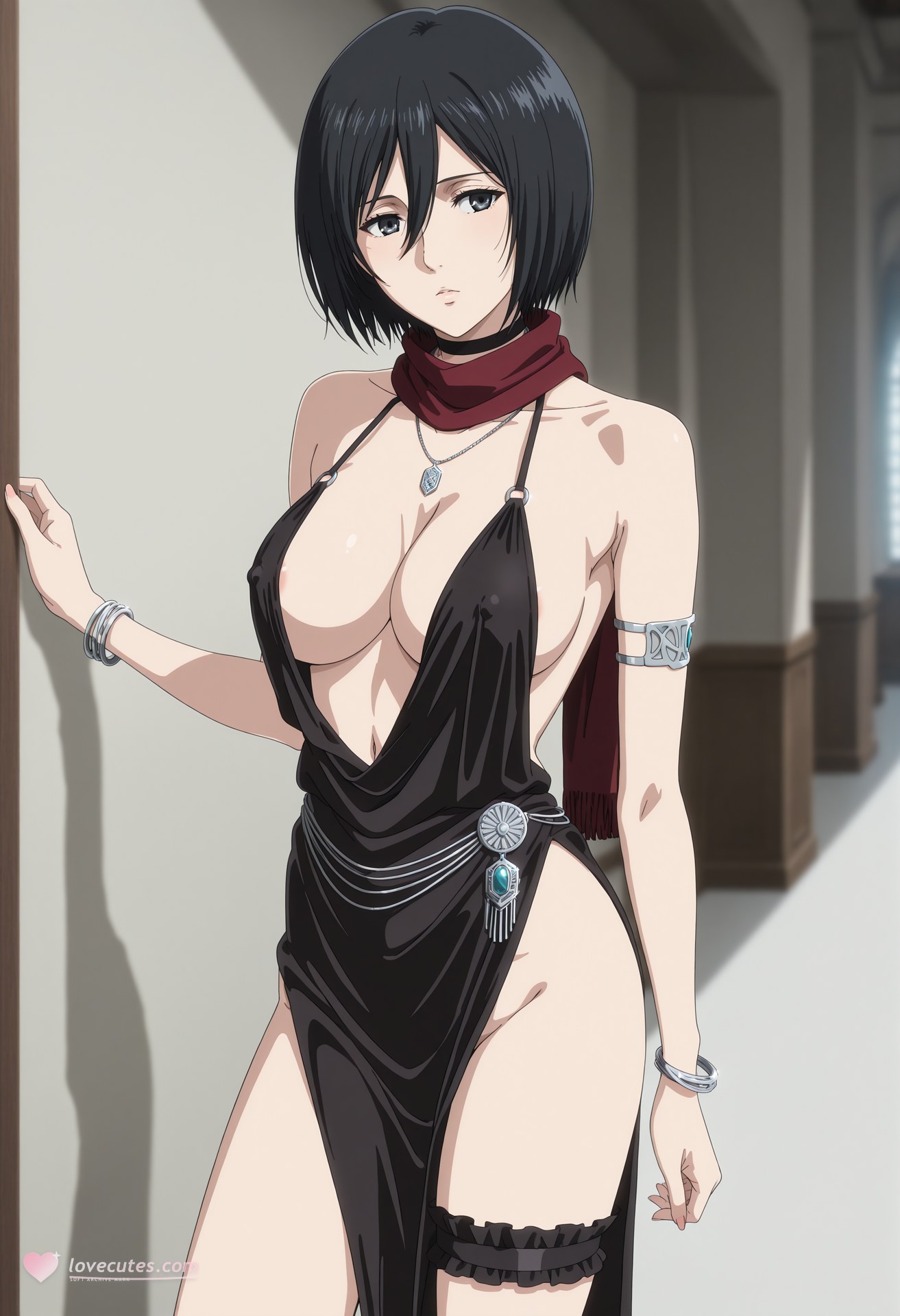 AI Generated Anime Girl - 进击的巨人 三笠·阿克曼：白丝蕾丝内衣浴室露点 124P