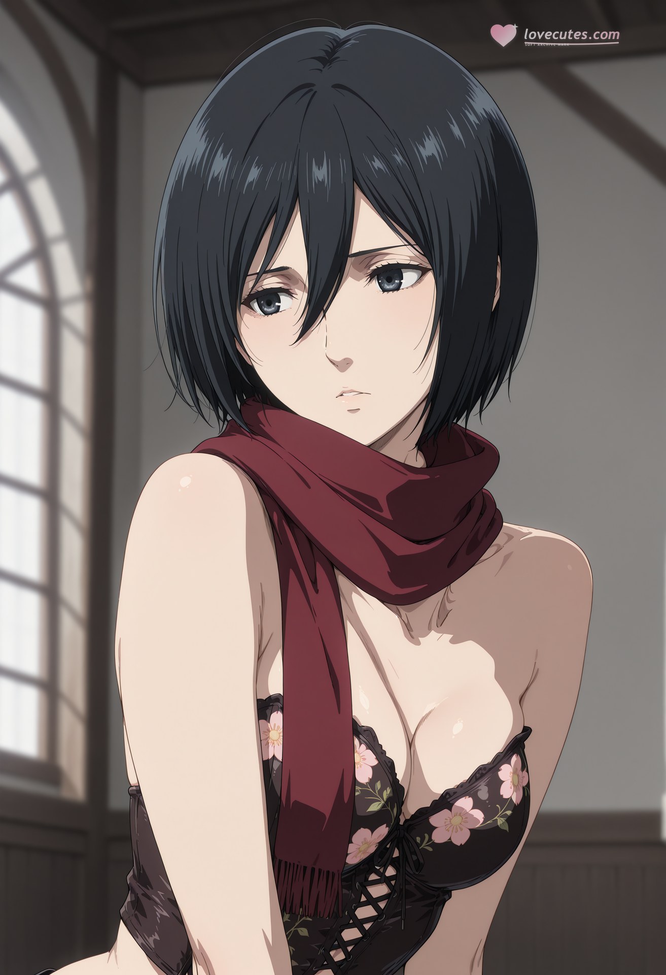 AI Generated Anime Girl - 进击的巨人 三笠·阿克曼：白丝蕾丝内衣浴室露点 124P