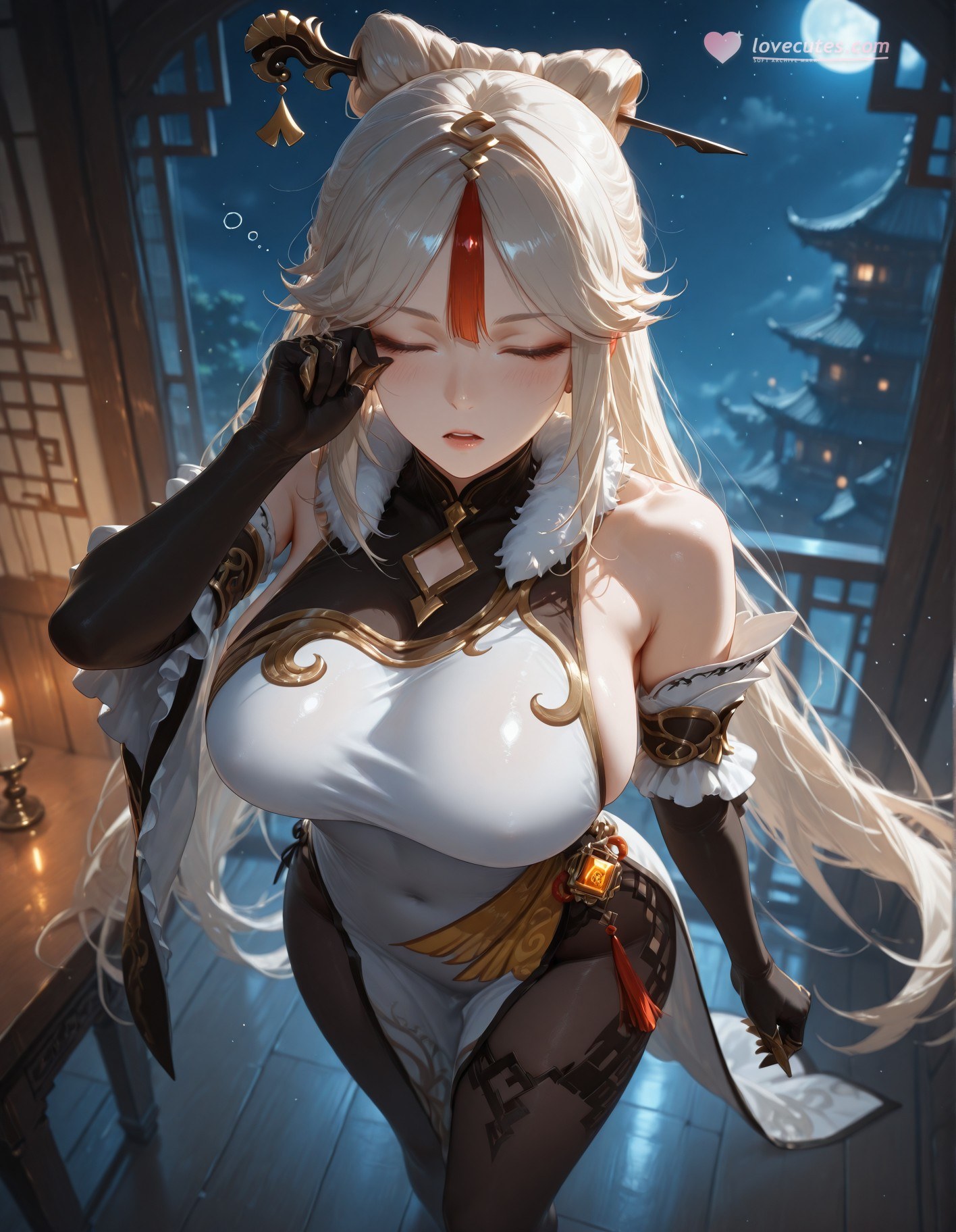 AI Generated Anime Girl - Genshin Impact Shenhe: Black Stockings Lace Lingerie Exposed Intimate Area 267P