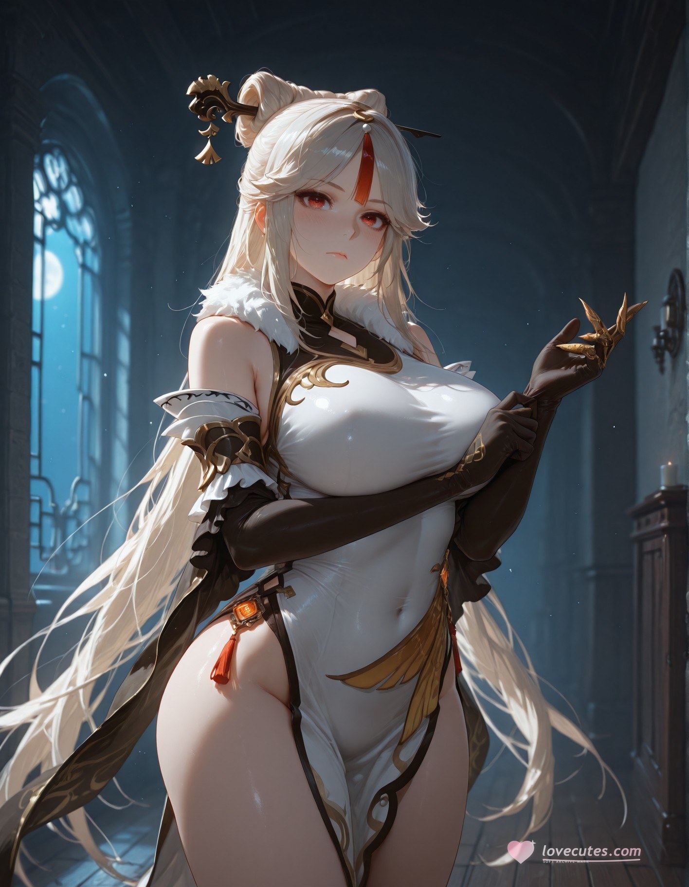 AI Generated Anime Girl - Genshin Impact Shenhe: Black Stockings Lace Lingerie Exposed Intimate Area 267P