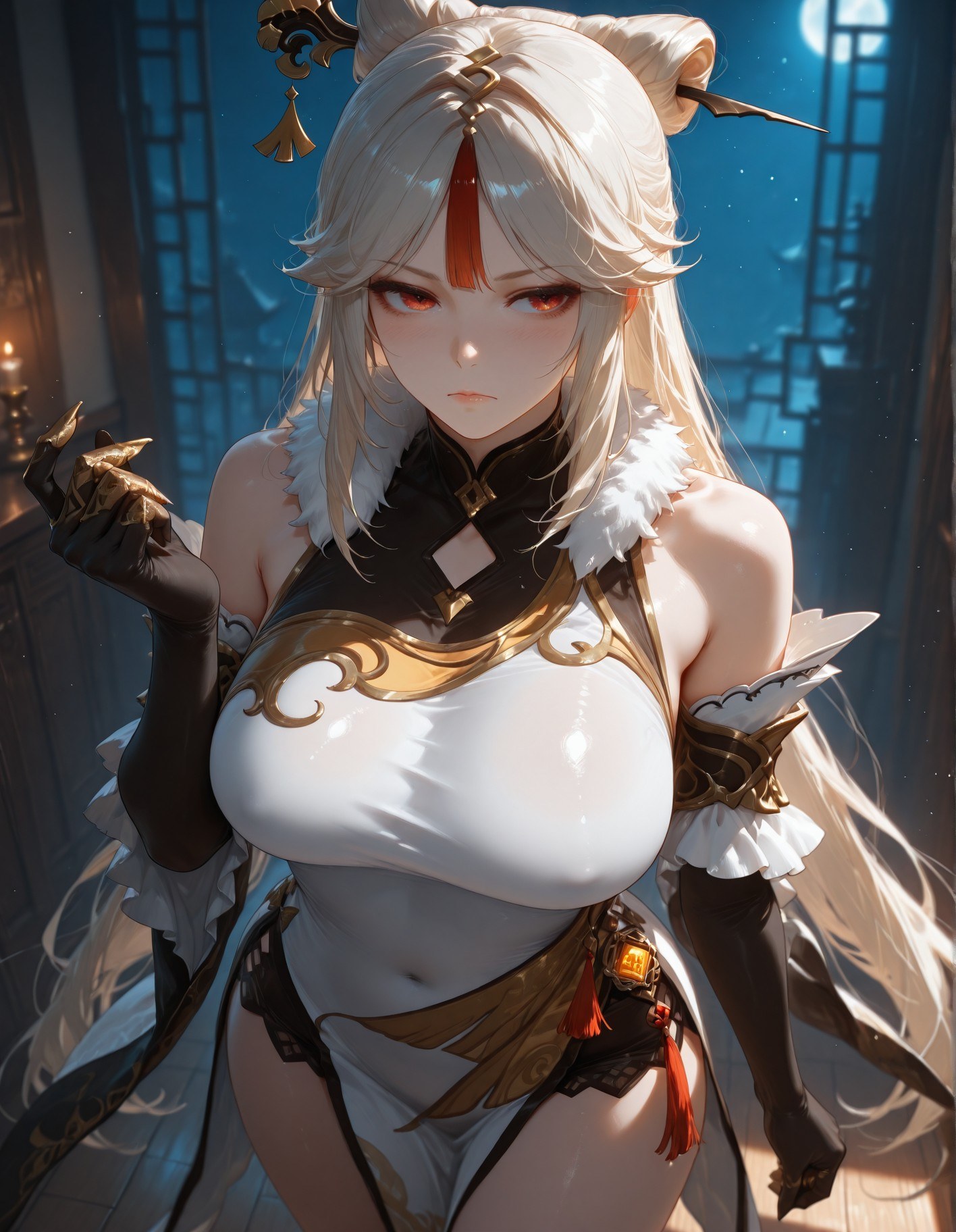 AI Generated Anime Girl - Genshin Impact Shenhe: Black Stockings Lace Lingerie Exposed Intimate Area 267P