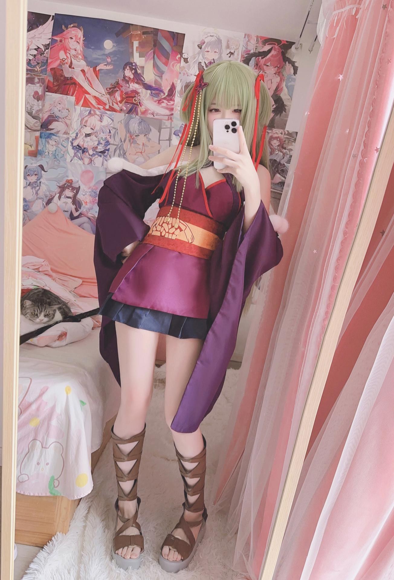 [cosplay] 呆呆Misa - Senren Banka Tsunemori: tóc trắng, miko kimono, tất trắng, chân đẹp 17P2V