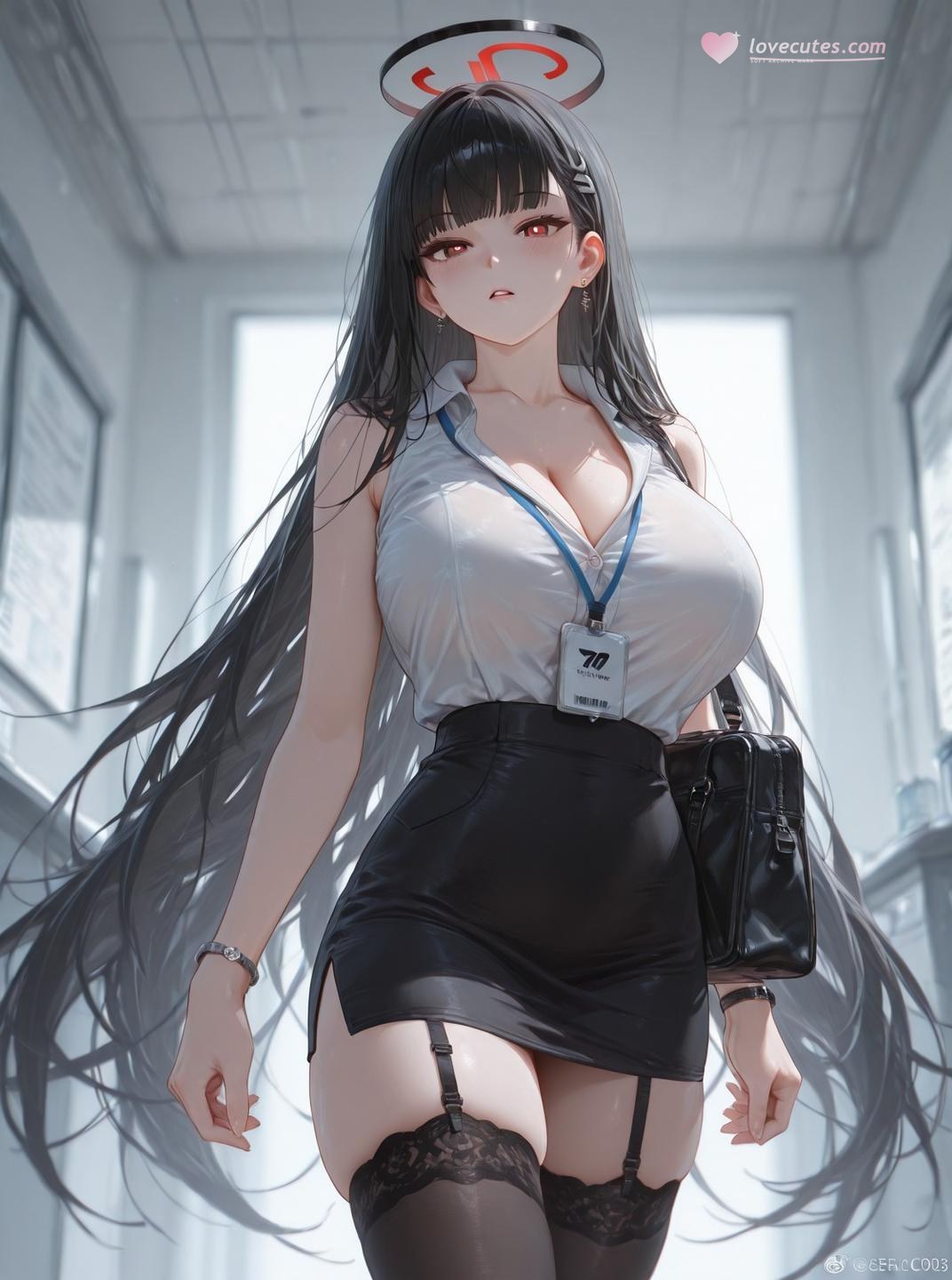 AI Generated Anime Girl - 碧蓝档案 一之濑明日奈：黑丝紧身衣湿身露穴 94P
