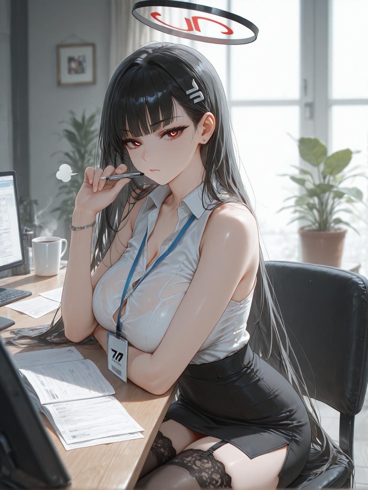 AI Generated Anime Girl - 碧蓝档案 一之濑明日奈：黑丝紧身衣湿身露穴 94P