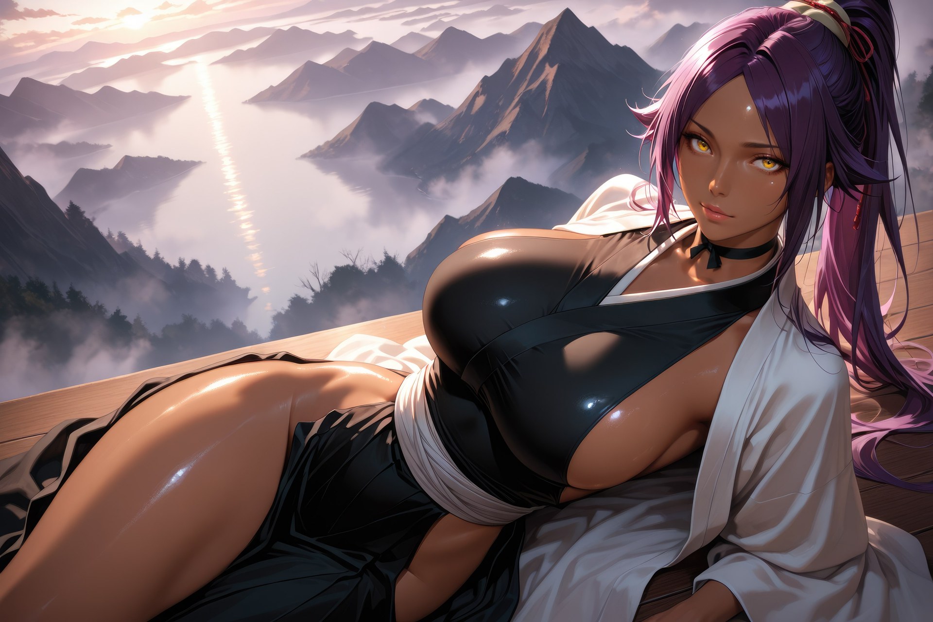 AI Generated Anime Girl - Bleach Yoruichi Shihoin 바디수트 AI 이미지 갤러리 955P