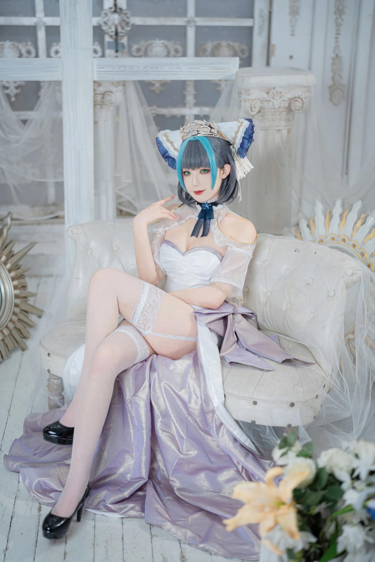 [コスプレ] 封疆疆v - 碧蓝航线 柴郡誓约礼服 白蓝誓约礼服 猫耳白丝还原 18P