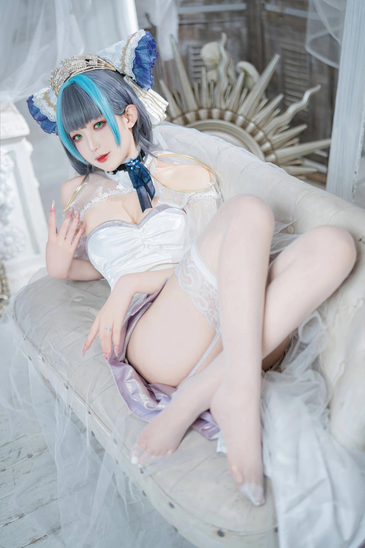 [コスプレ] 封疆疆v - 碧蓝航线 柴郡誓约礼服 白蓝誓约礼服 猫耳白丝还原 18P