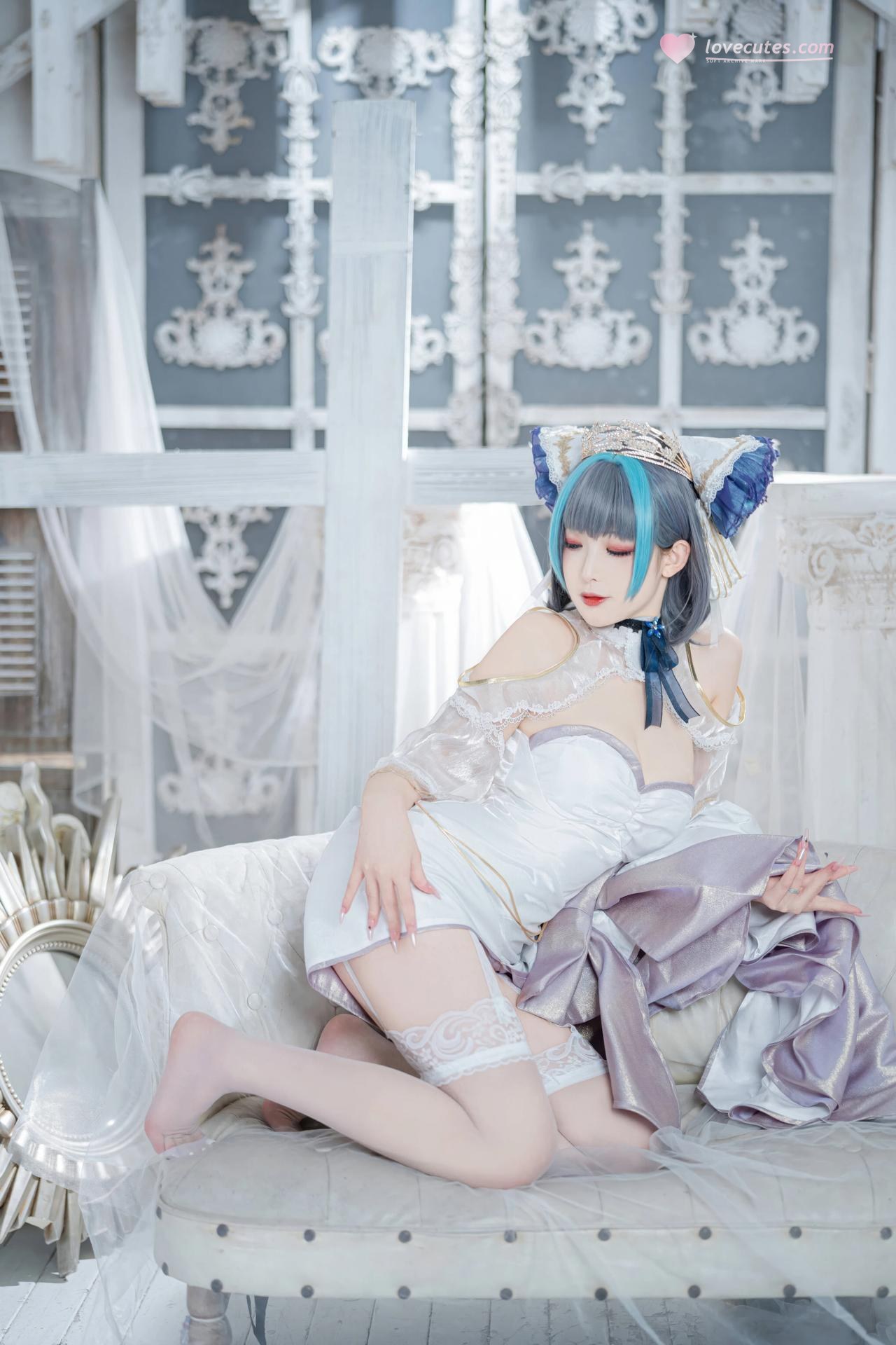 [コスプレ] 封疆疆v - 碧蓝航线 柴郡誓约礼服 白蓝誓约礼服 猫耳白丝还原 18P