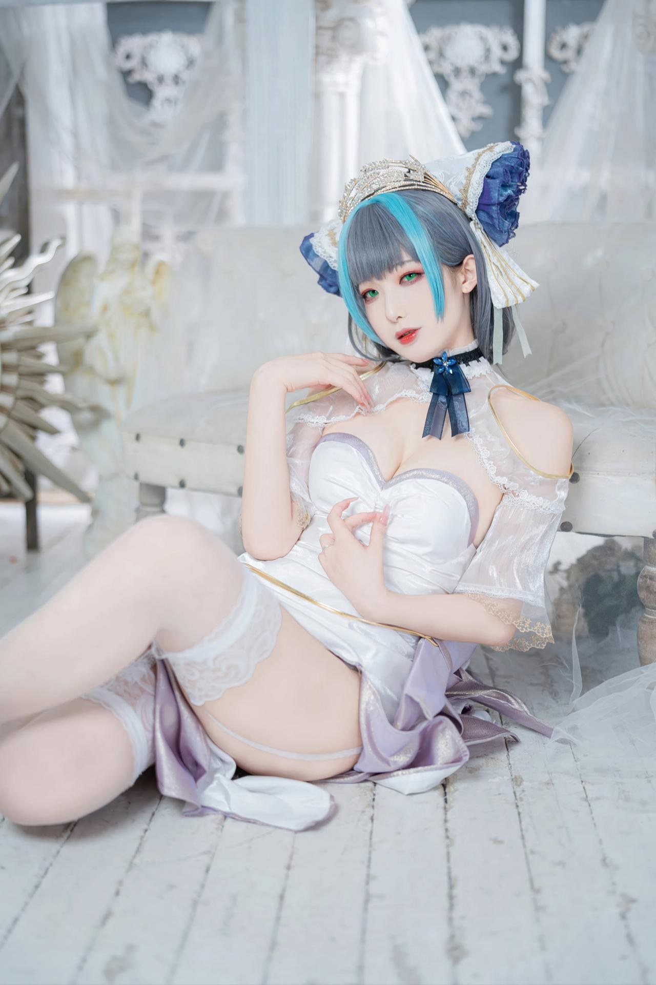 [コスプレ] 封疆疆v - 碧蓝航线 柴郡誓约礼服 白蓝誓约礼服 猫耳白丝还原 18P