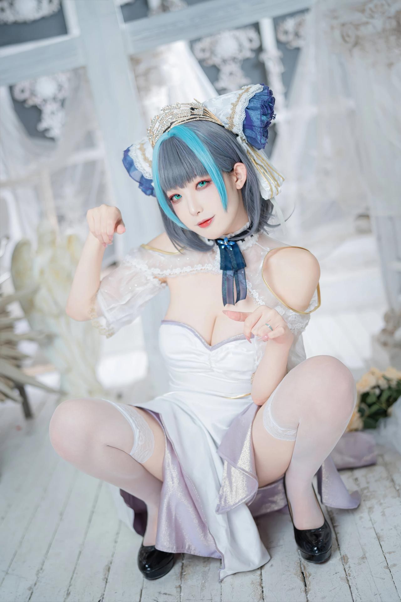 [コスプレ] 封疆疆v - 碧蓝航线 柴郡誓约礼服 白蓝誓约礼服 猫耳白丝还原 18P