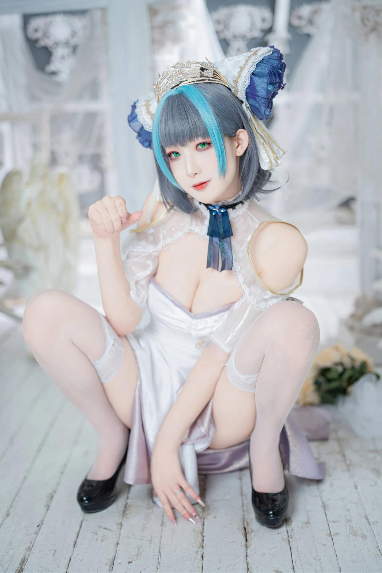 [コスプレ] 封疆疆v - 碧蓝航线 柴郡誓约礼服 白蓝誓约礼服 猫耳白丝还原 18P