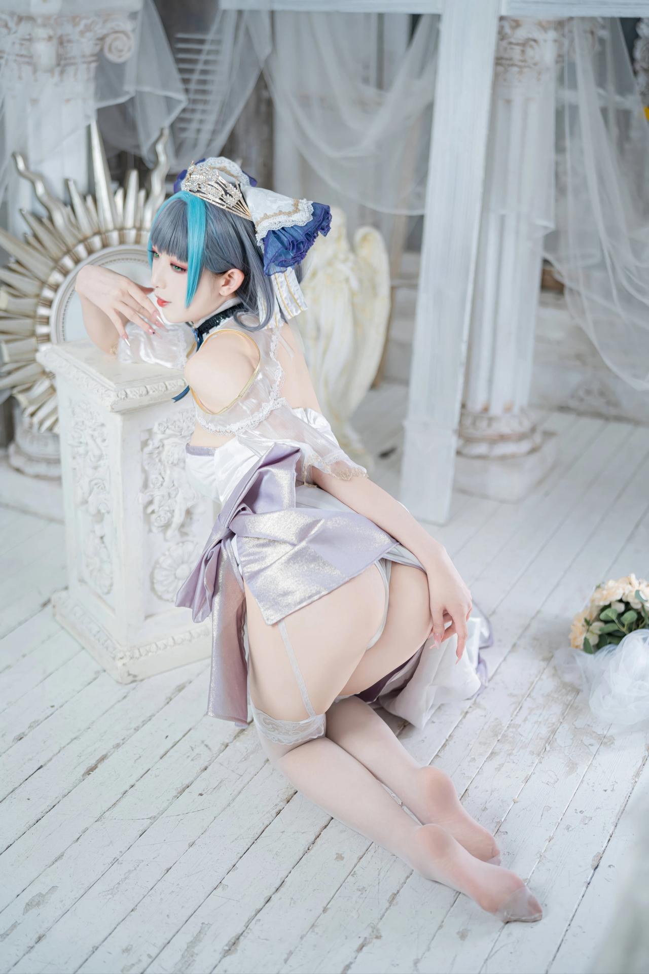 [コスプレ] 封疆疆v - 碧蓝航线 柴郡誓约礼服 白蓝誓约礼服 猫耳白丝还原 18P