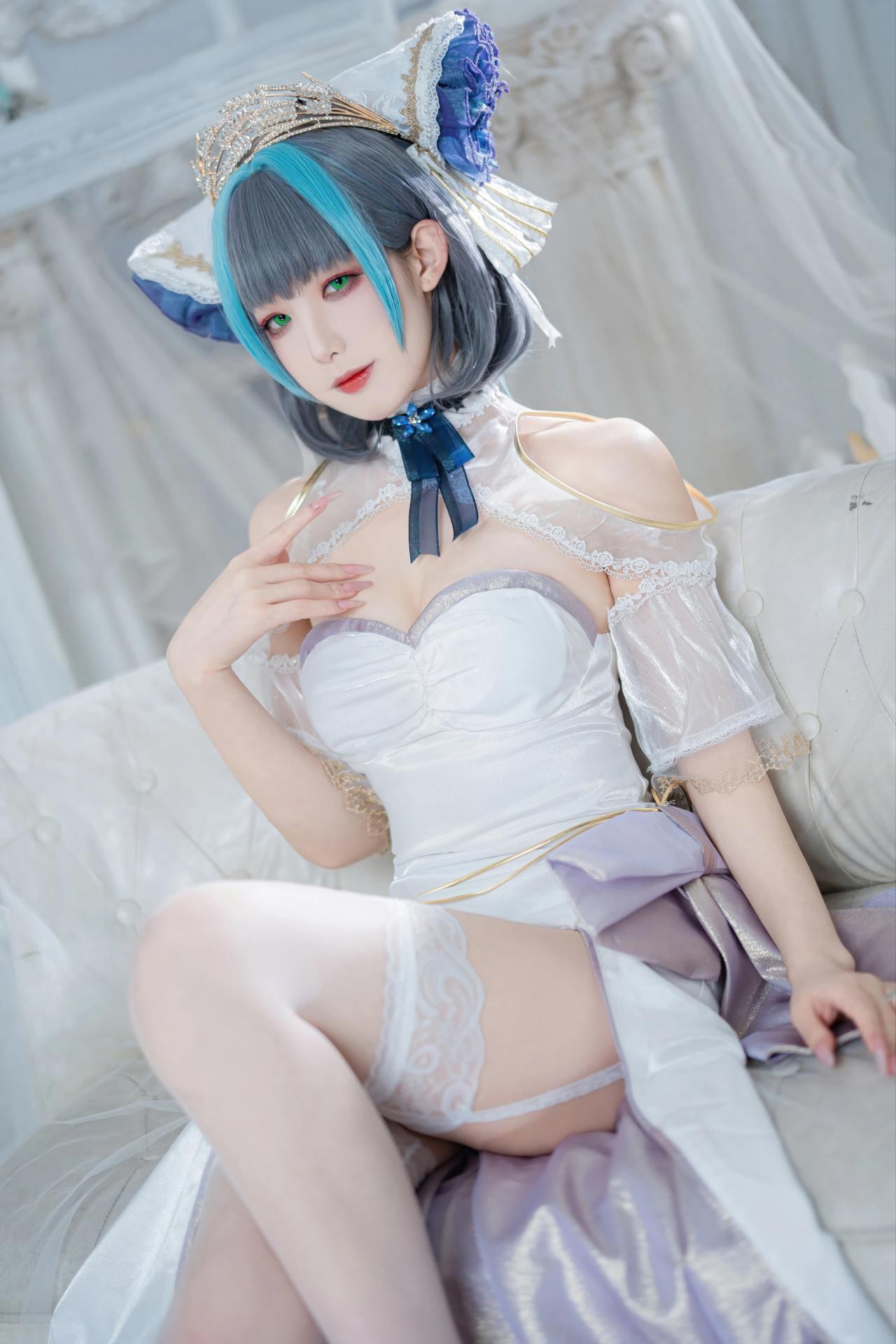 [コスプレ] 封疆疆v - 碧蓝航线 柴郡誓约礼服 白蓝誓约礼服 猫耳白丝还原 18P