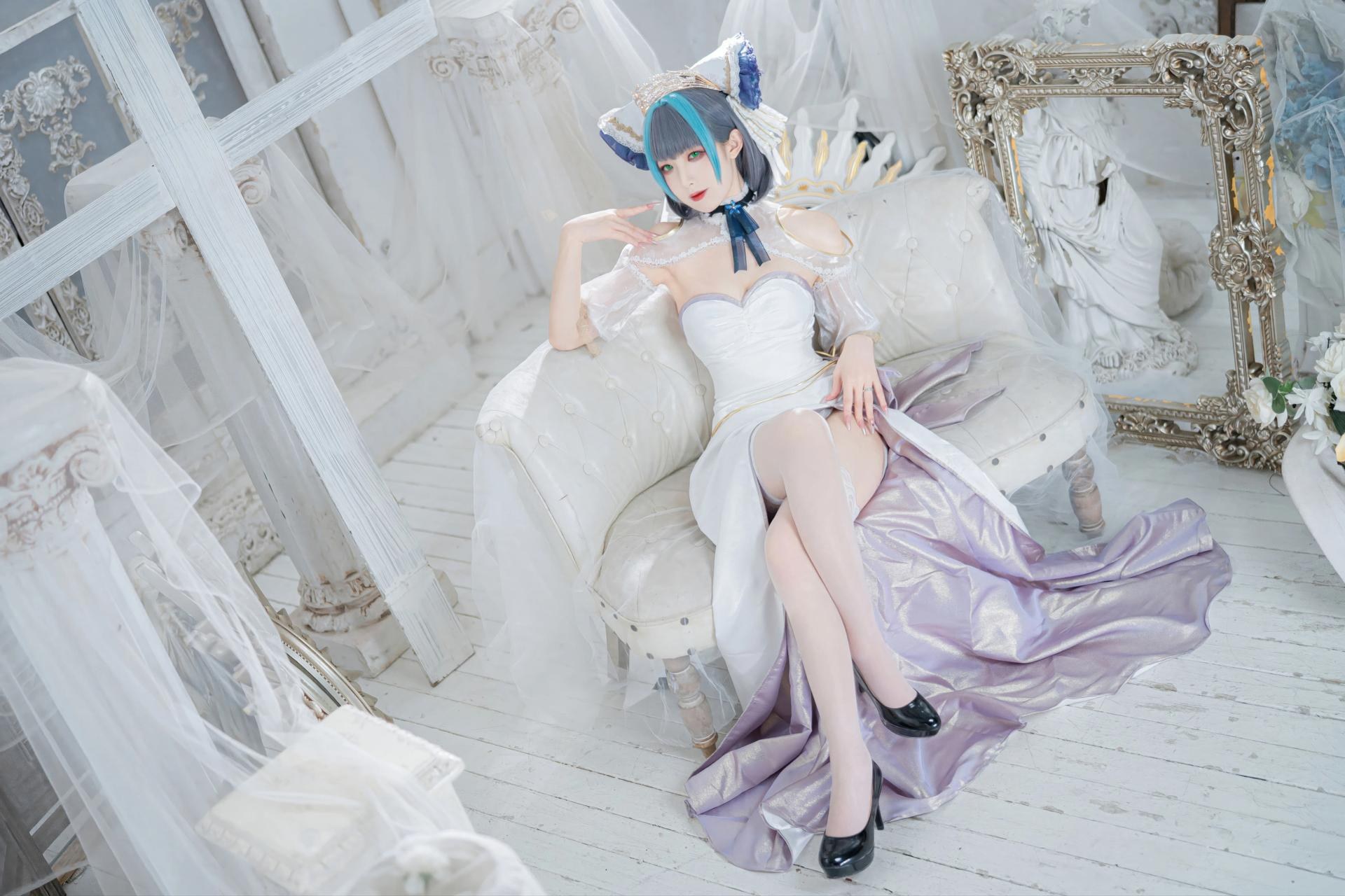[コスプレ] 封疆疆v - 碧蓝航线 柴郡誓约礼服 白蓝誓约礼服 猫耳白丝还原 18P