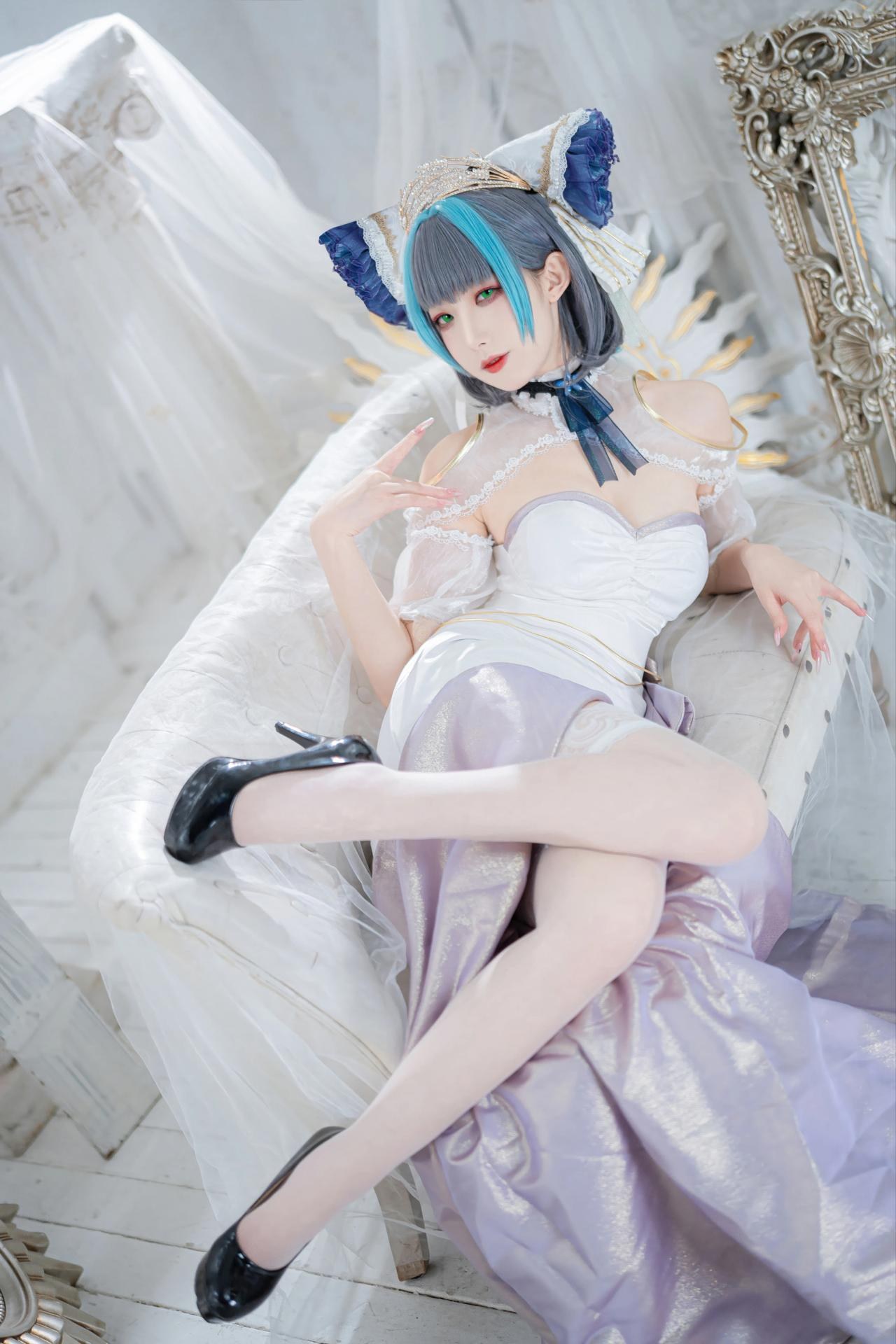 [コスプレ] 封疆疆v - 碧蓝航线 柴郡誓约礼服 白蓝誓约礼服 猫耳白丝还原 18P