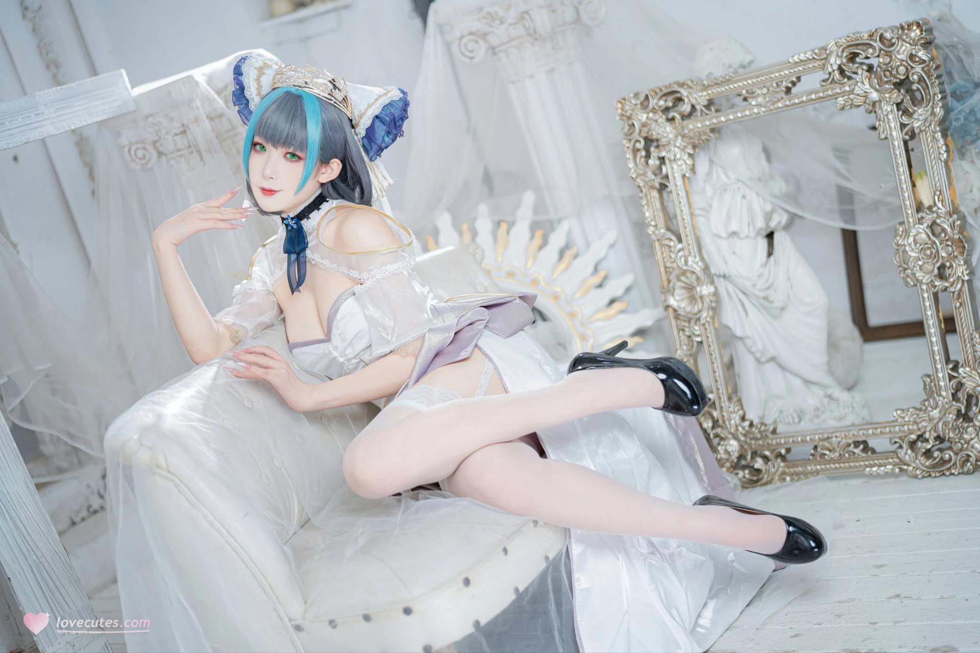 [コスプレ] 封疆疆v - 碧蓝航线 柴郡誓约礼服 白蓝誓约礼服 猫耳白丝还原 18P