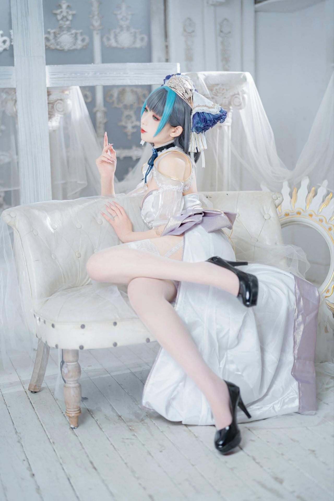 [コスプレ] 封疆疆v - 碧蓝航线 柴郡誓约礼服 白蓝誓约礼服 猫耳白丝还原 18P