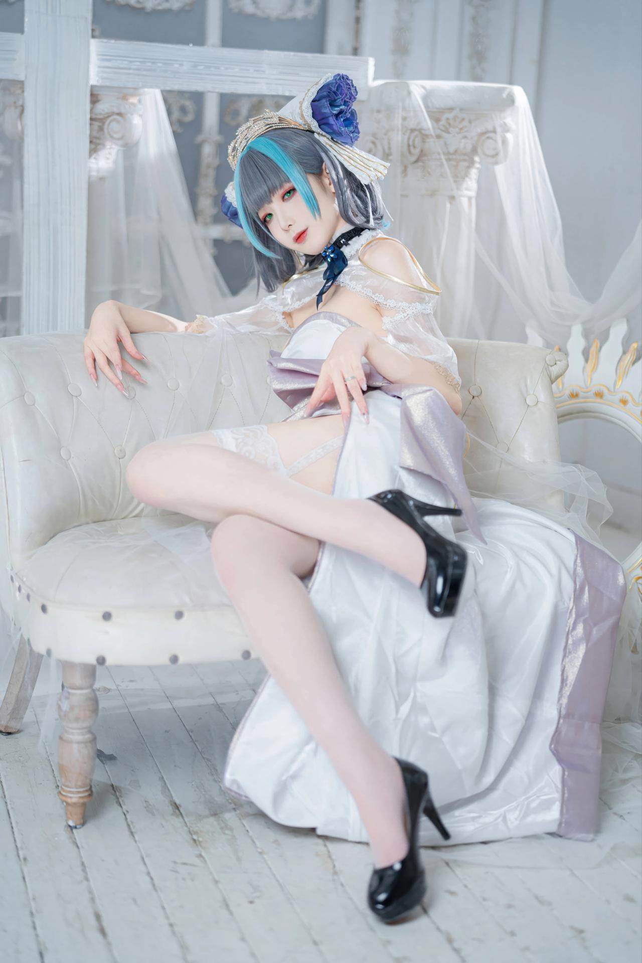 [コスプレ] 封疆疆v - 碧蓝航线 柴郡誓约礼服 白蓝誓约礼服 猫耳白丝还原 18P
