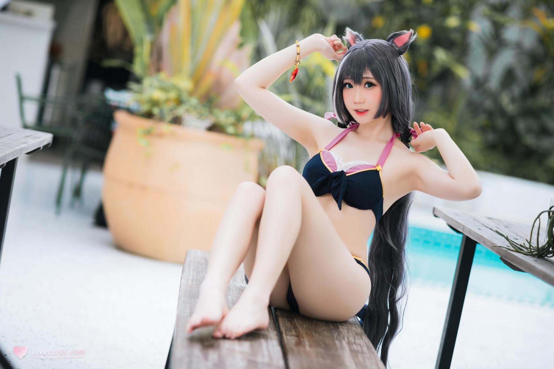 [cosplay] 焖焖碳 - 公主連結 凯露泳裝：黑貓泳裝比基尼 美腿泳池還原 20P