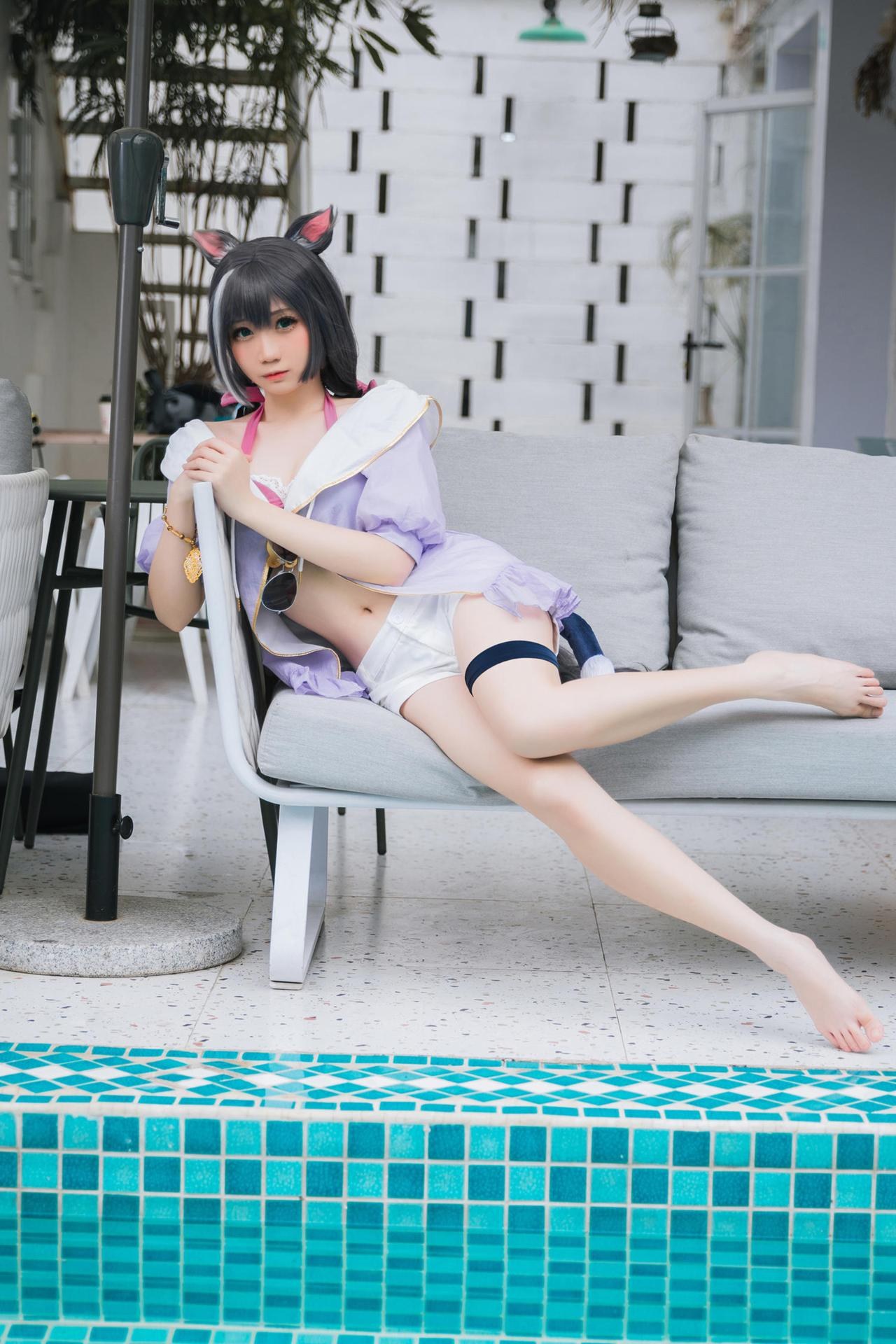 [cosplay] 焖焖碳 - 公主連結 凯露泳裝：黑貓泳裝比基尼 美腿泳池還原 20P