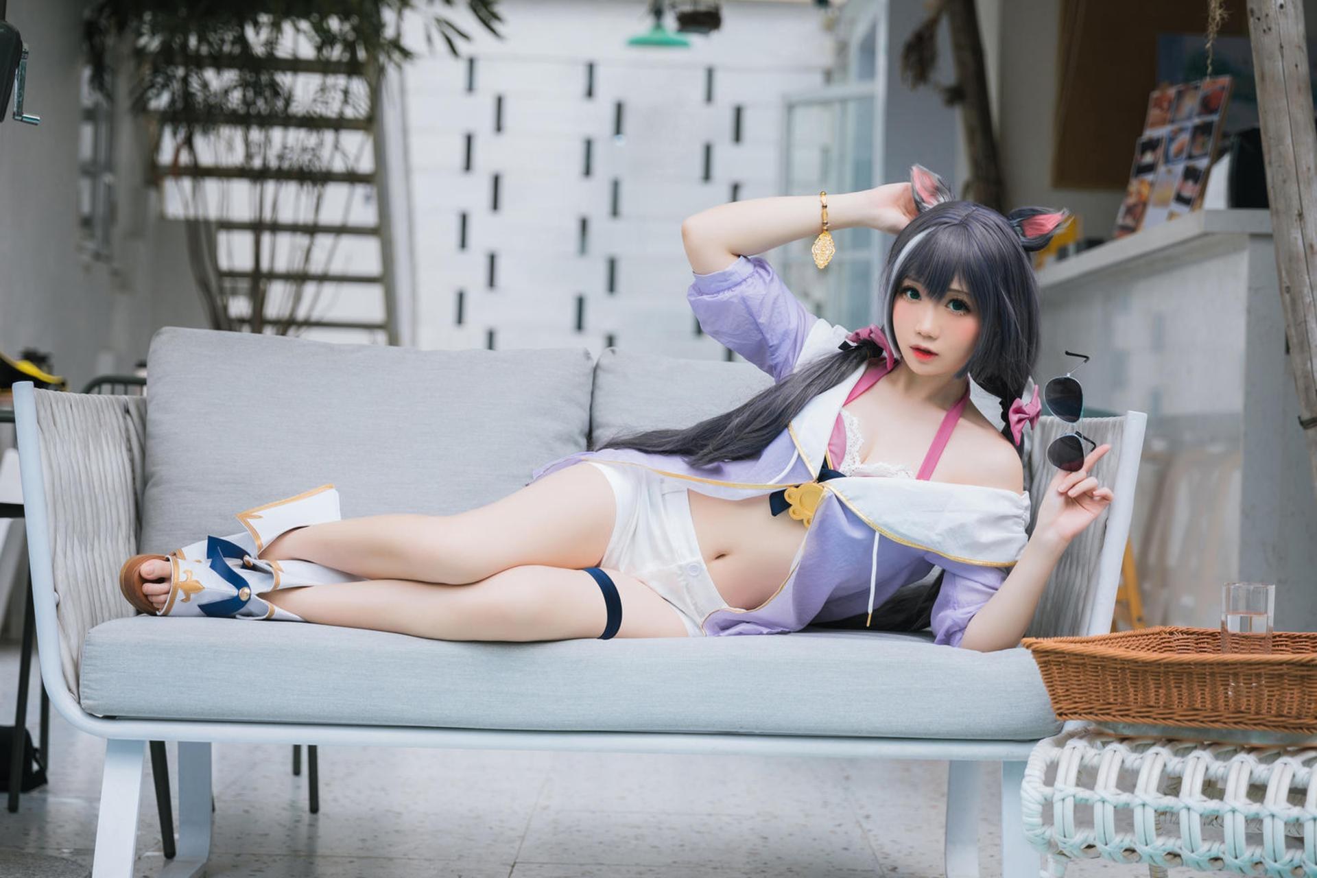 [cosplay] 焖焖碳 - 公主連結 凯露泳裝：黑貓泳裝比基尼 美腿泳池還原 20P