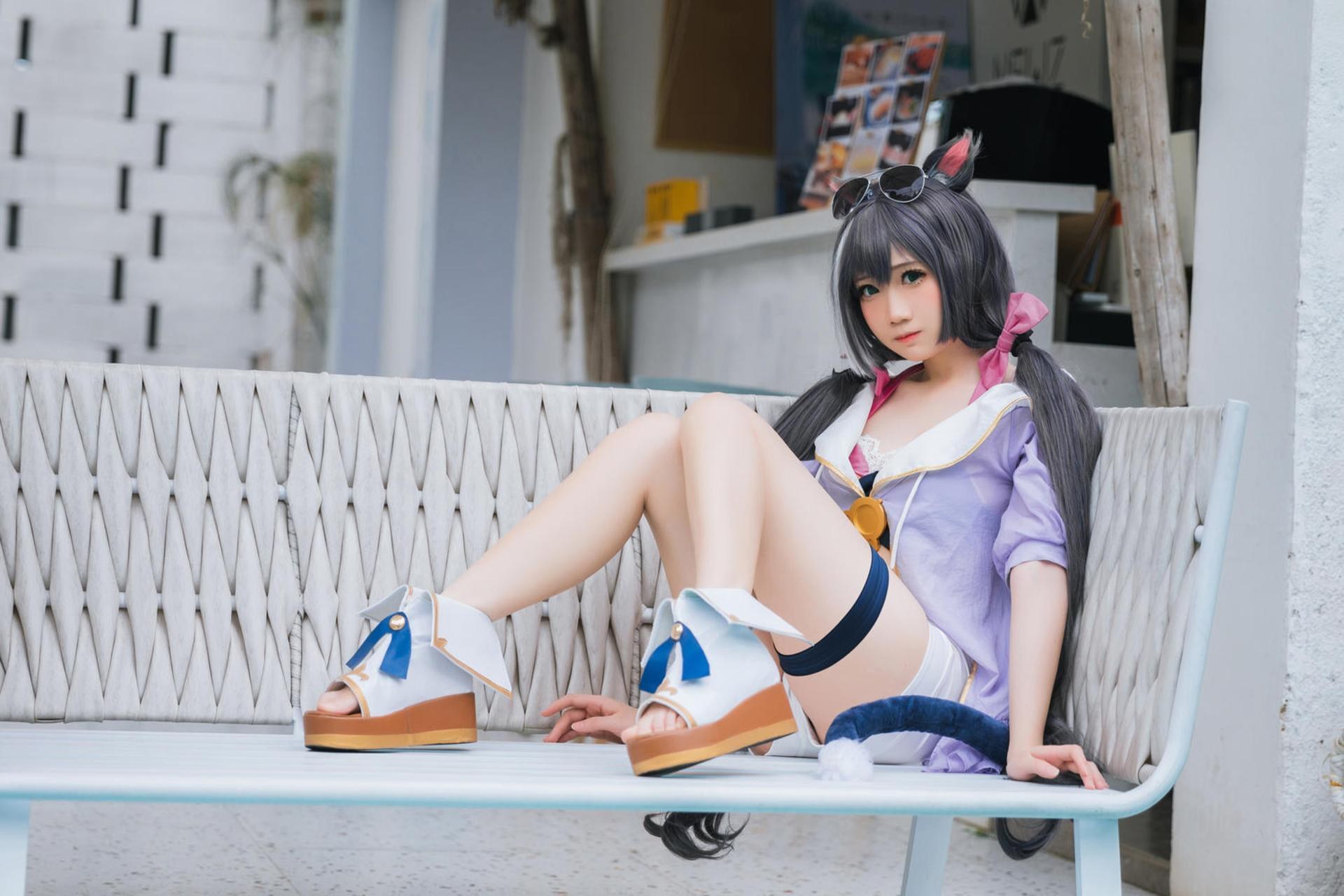 [cosplay] 焖焖碳 - 公主連結 凯露泳裝：黑貓泳裝比基尼 美腿泳池還原 20P