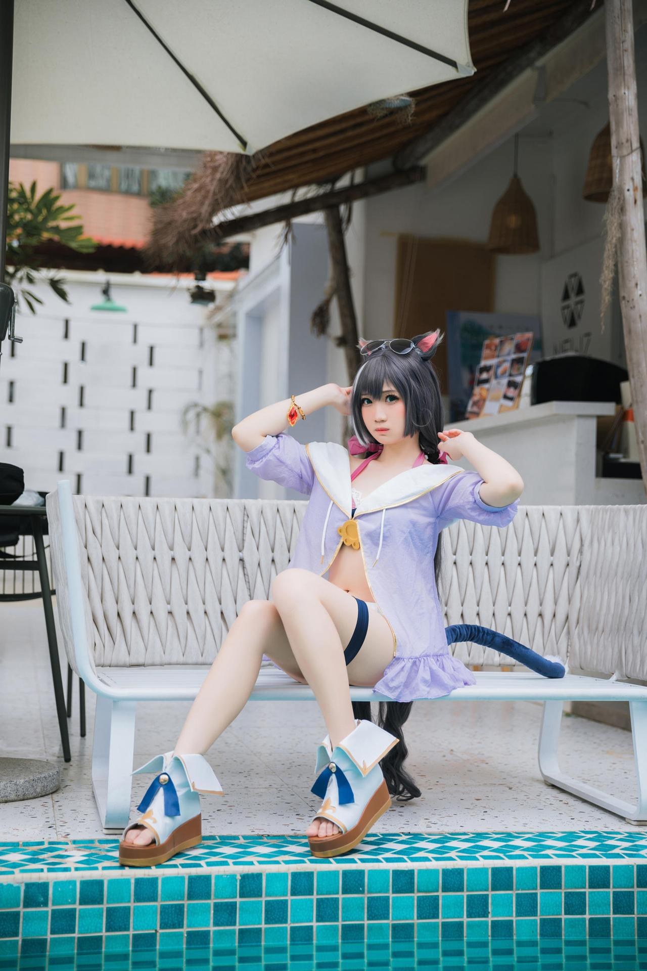 [cosplay] 焖焖碳 - 公主連結 凯露泳裝：黑貓泳裝比基尼 美腿泳池還原 20P