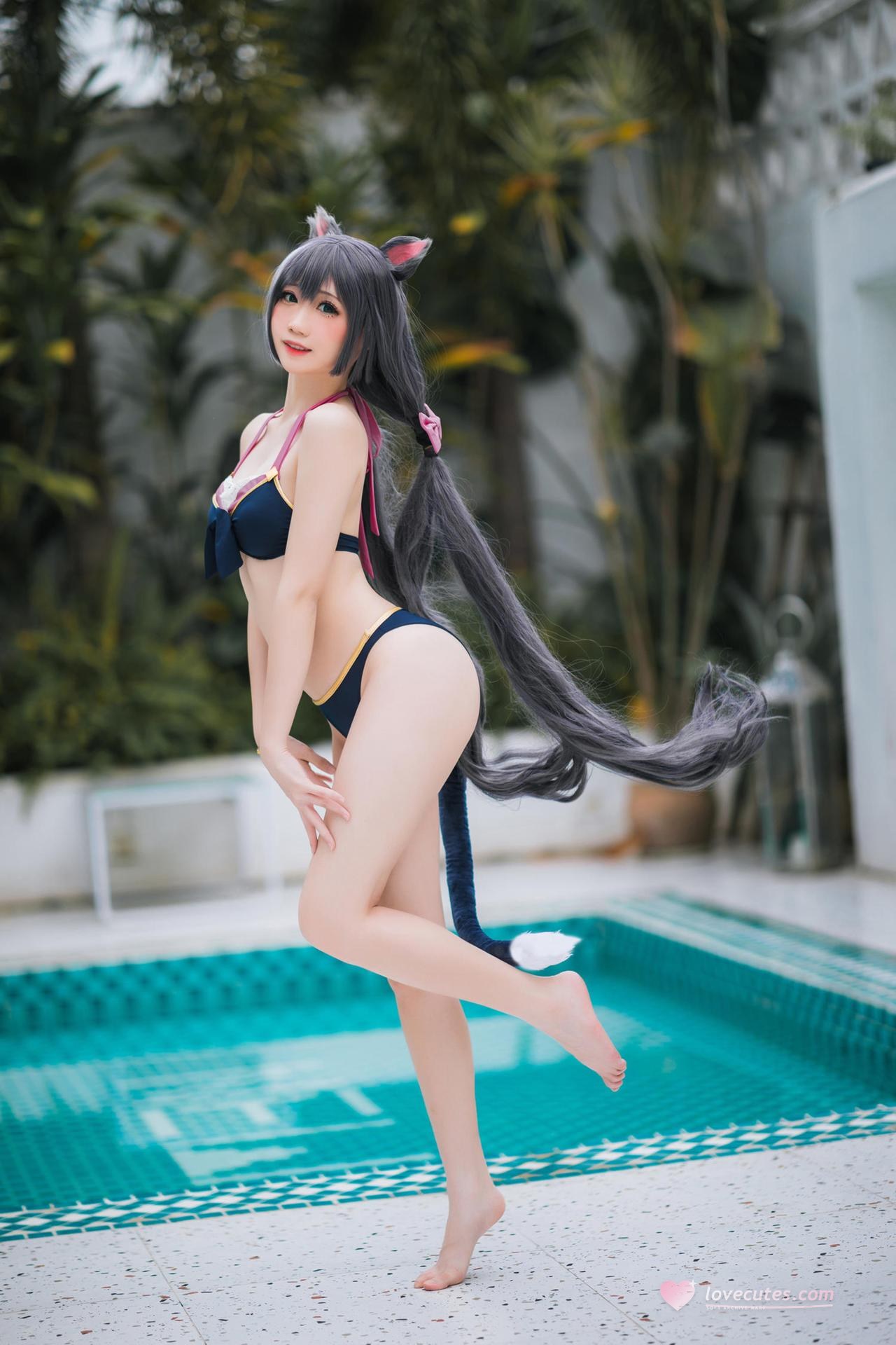 [cosplay] 焖焖碳 - 公主連結 凯露泳裝：黑貓泳裝比基尼 美腿泳池還原 20P