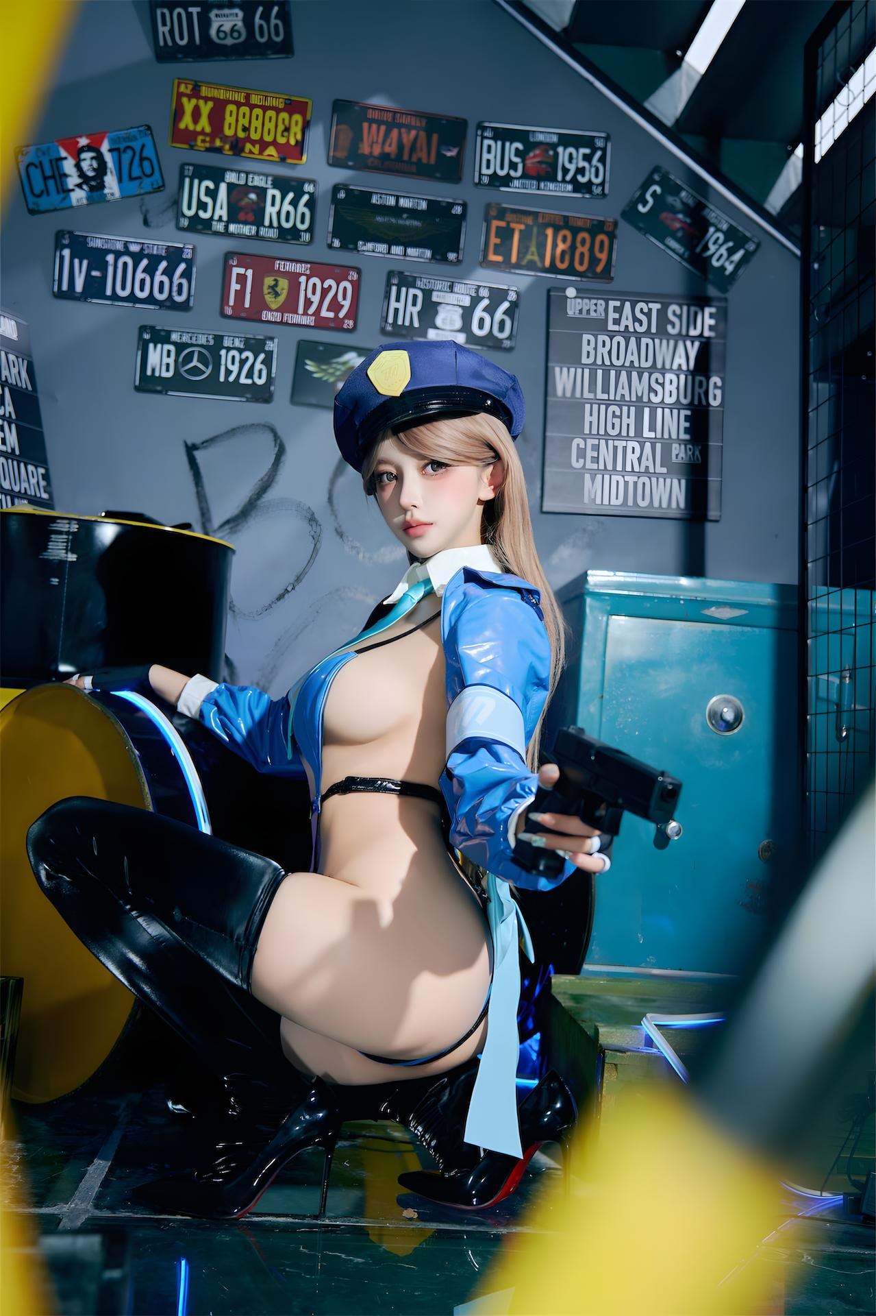 [화보] 过期米线线喵 - 女警 蓝黑女警制服 黑丝美腿私拍 59P