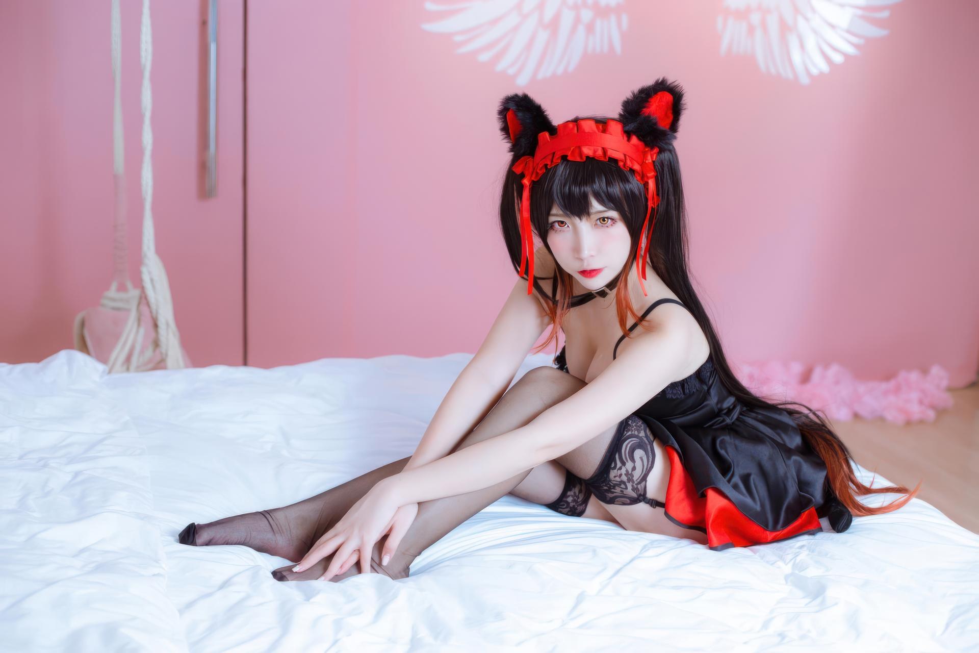 [cosplay] 二佐Nisa - 约会大作战 时崎狂三：猫咪猫耳黑丝角色還原 30P