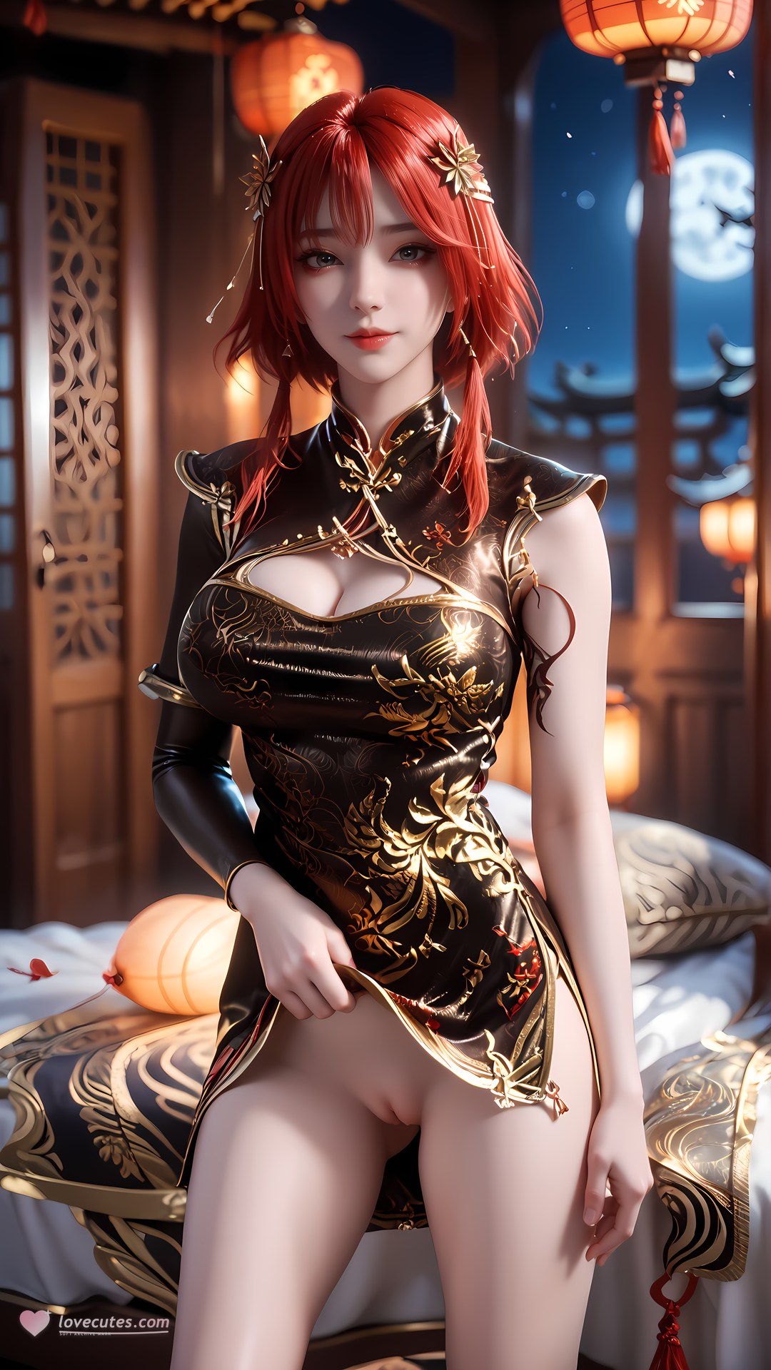 AI Porn - 百煉成神 朱綰 黒金チャイナドレス 露出ヌード 黒金チャイナドレス、ベッド風ポーズ、露出ヌード AI画像ギャラリー 88P