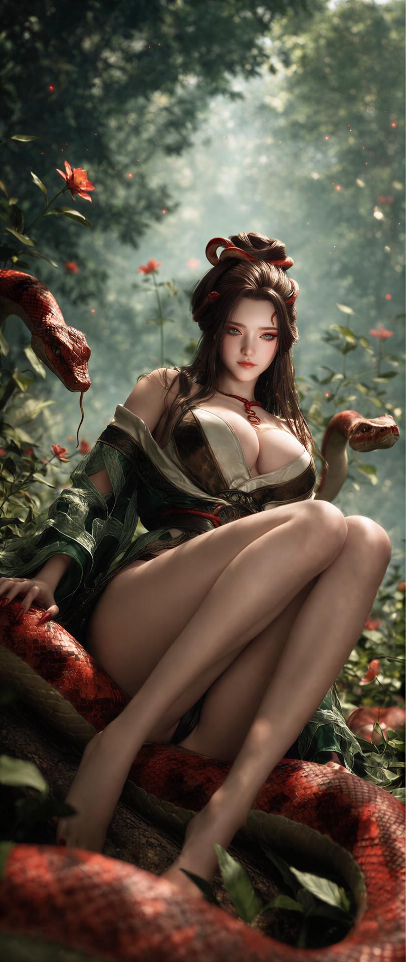 AI Porn - Long Jiaonan rừng cổ trang họa tiết rắn chi tiết người lớn bối cảnh rừng, cổ trang họa tiết rắn và chi tiết hở ngực bộ sưu tập AI 162P