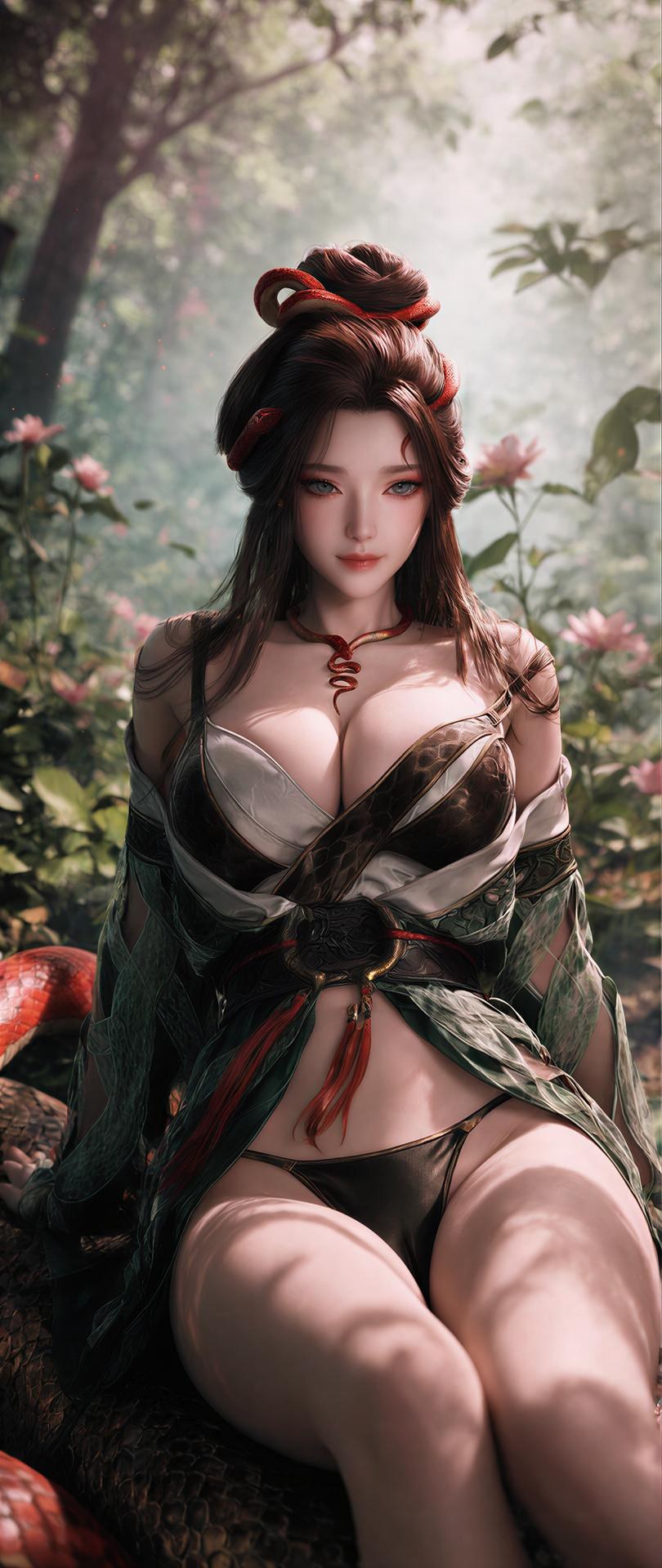 AI Porn - Long Jiaonan rừng cổ trang họa tiết rắn chi tiết người lớn bối cảnh rừng, cổ trang họa tiết rắn và chi tiết hở ngực bộ sưu tập AI 162P
