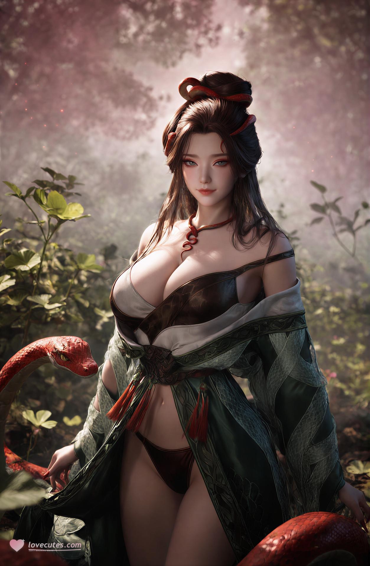 AI Porn - Long Jiaonan rừng cổ trang họa tiết rắn chi tiết người lớn bối cảnh rừng, cổ trang họa tiết rắn và chi tiết hở ngực bộ sưu tập AI 162P