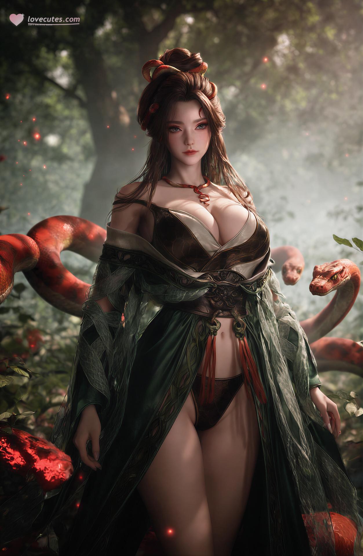AI Porn - Long Jiaonan rừng cổ trang họa tiết rắn chi tiết người lớn bối cảnh rừng, cổ trang họa tiết rắn và chi tiết hở ngực bộ sưu tập AI 162P
