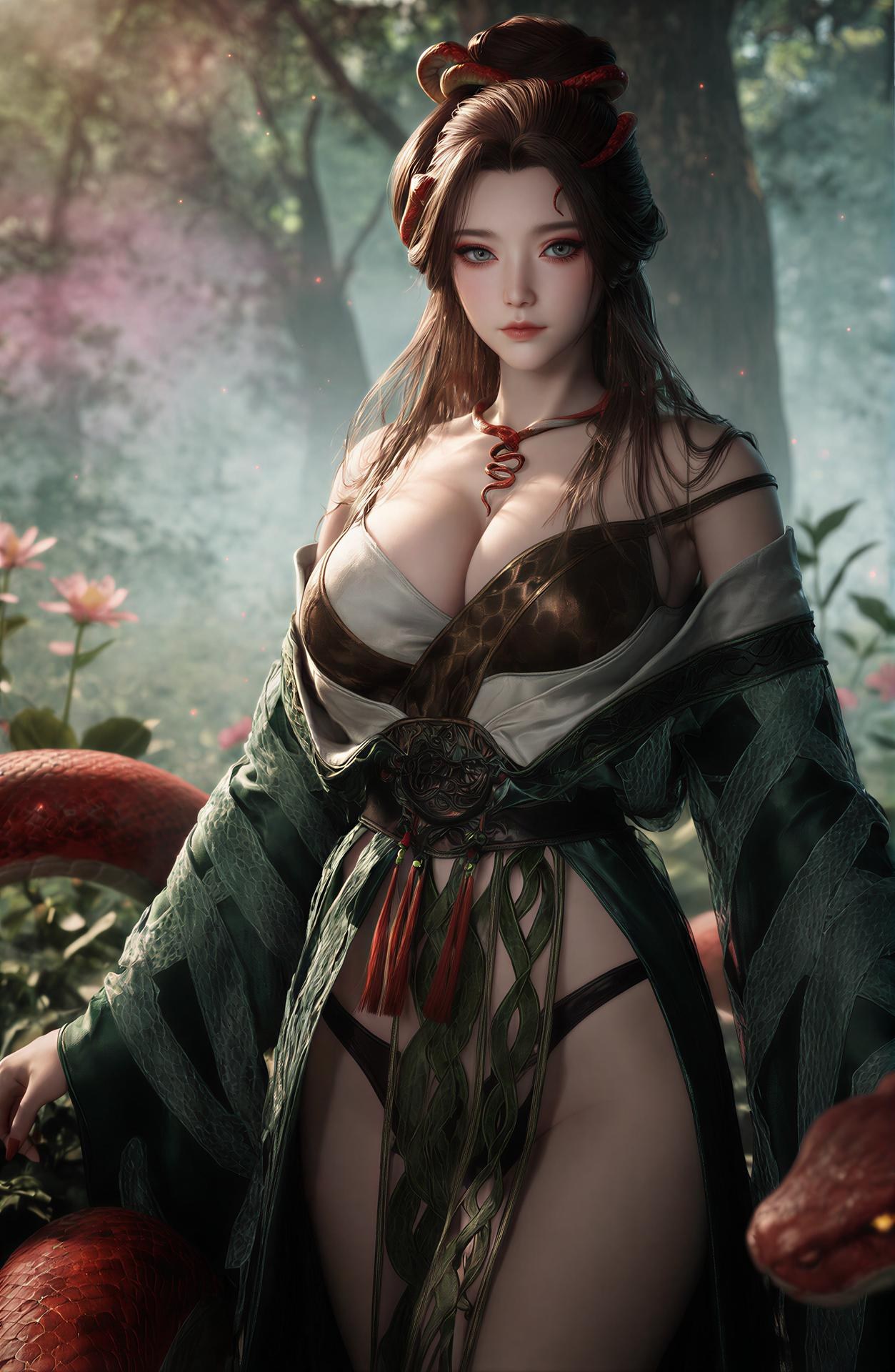 AI Porn - Long Jiaonan rừng cổ trang họa tiết rắn chi tiết người lớn bối cảnh rừng, cổ trang họa tiết rắn và chi tiết hở ngực bộ sưu tập AI 162P