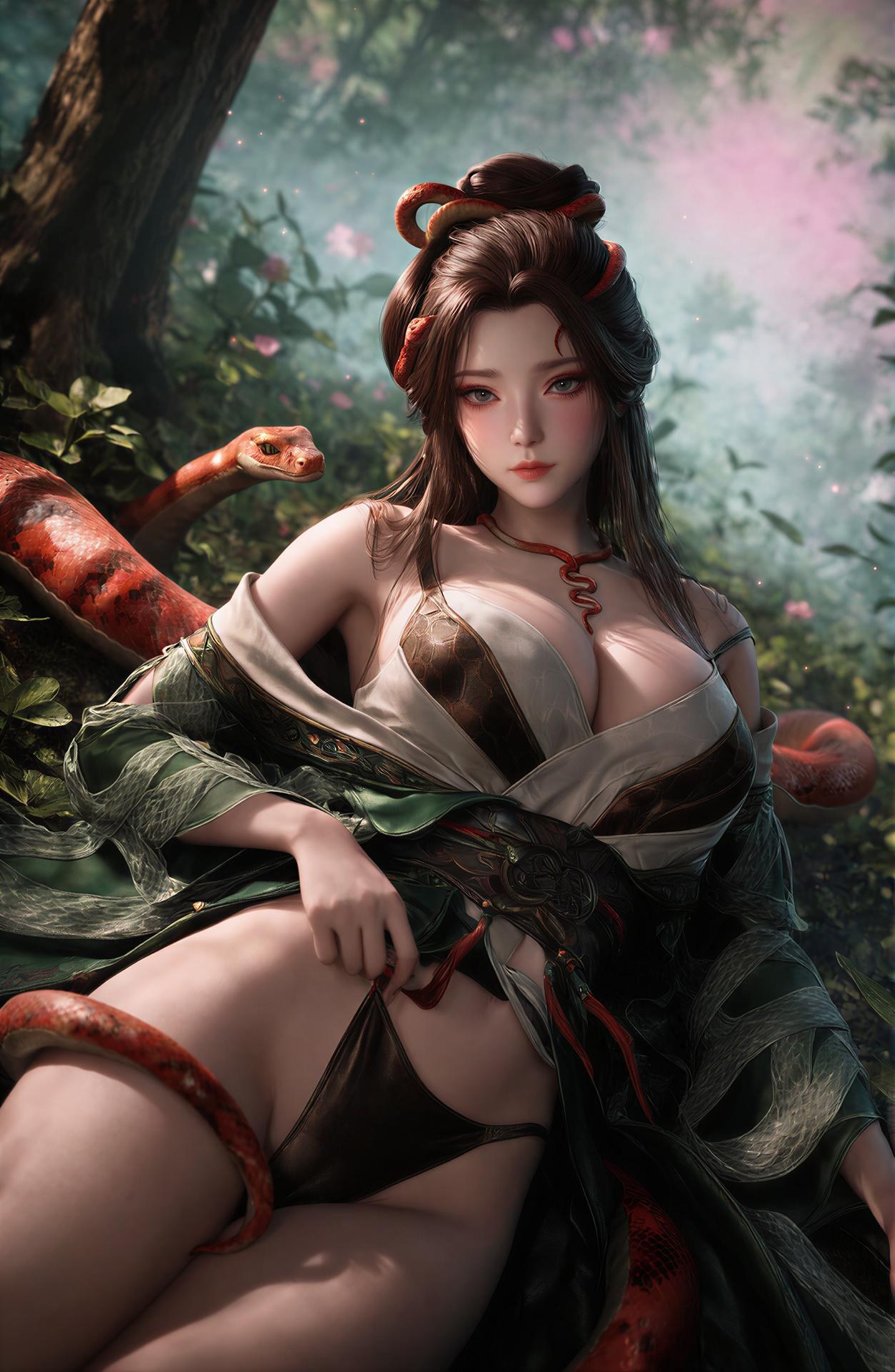 AI Porn - Long Jiaonan rừng cổ trang họa tiết rắn chi tiết người lớn bối cảnh rừng, cổ trang họa tiết rắn và chi tiết hở ngực bộ sưu tập AI 162P