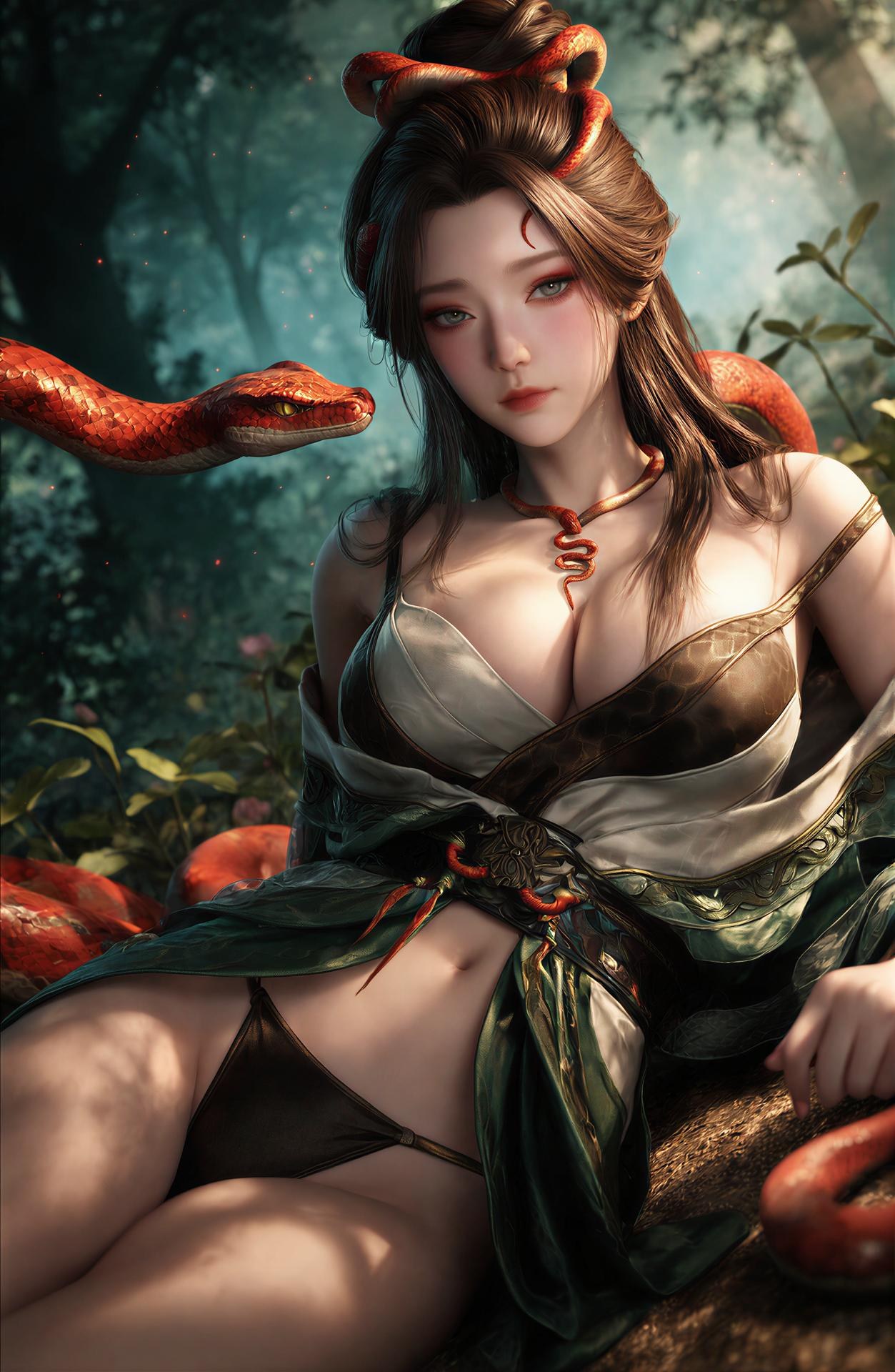AI Porn - Long Jiaonan rừng cổ trang họa tiết rắn chi tiết người lớn bối cảnh rừng, cổ trang họa tiết rắn và chi tiết hở ngực bộ sưu tập AI 162P