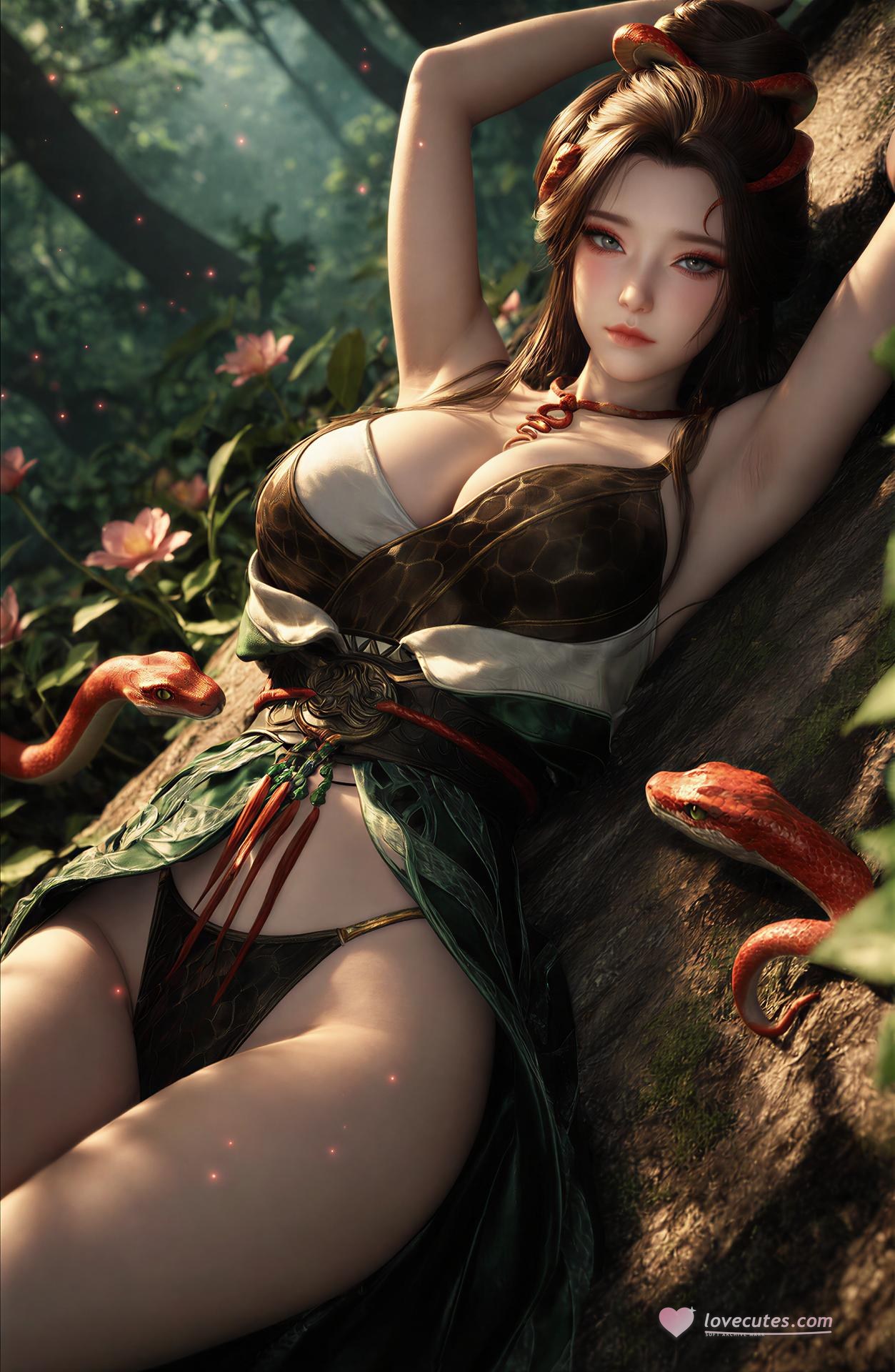 AI Porn - Long Jiaonan rừng cổ trang họa tiết rắn chi tiết người lớn bối cảnh rừng, cổ trang họa tiết rắn và chi tiết hở ngực bộ sưu tập AI 162P