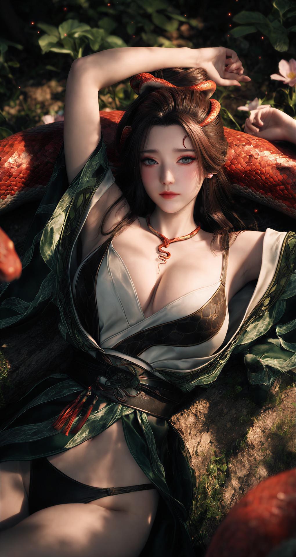 AI Porn - Long Jiaonan rừng cổ trang họa tiết rắn chi tiết người lớn bối cảnh rừng, cổ trang họa tiết rắn và chi tiết hở ngực bộ sưu tập AI 162P