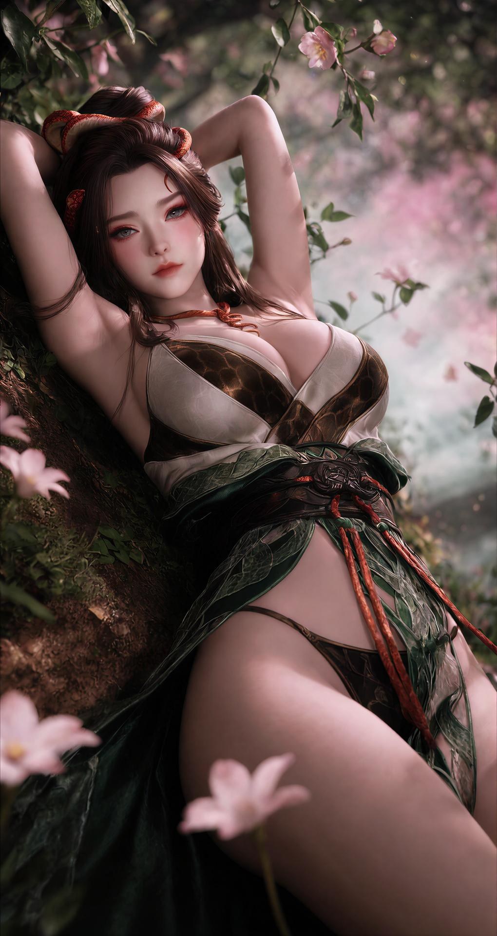 AI Porn - Long Jiaonan rừng cổ trang họa tiết rắn chi tiết người lớn bối cảnh rừng, cổ trang họa tiết rắn và chi tiết hở ngực bộ sưu tập AI 162P